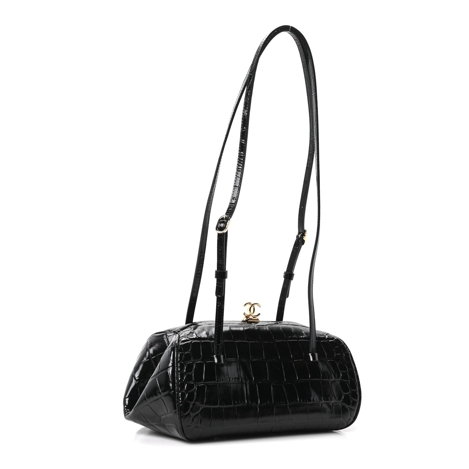 Calfskin Crocodile Embossed Pretty CC Clutch With Strap Black — view 3
