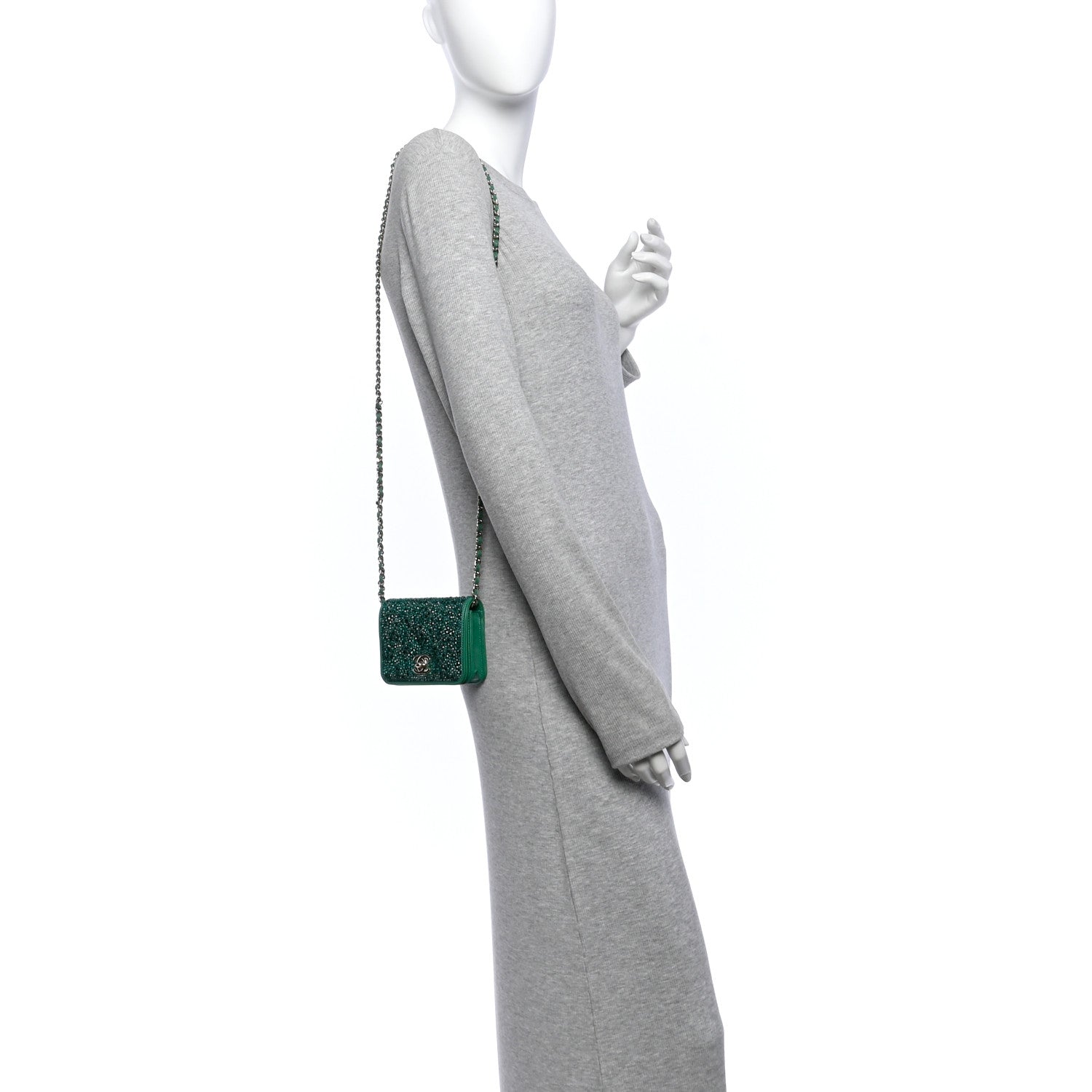 Lambskin Crystal Diamante Clutch With Chain Green — view 2