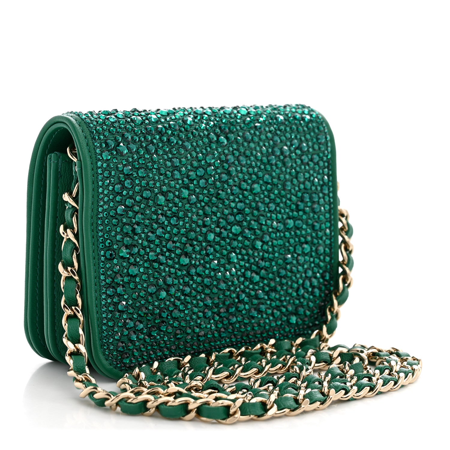 Lambskin Crystal Diamante Clutch With Chain Green — view 3