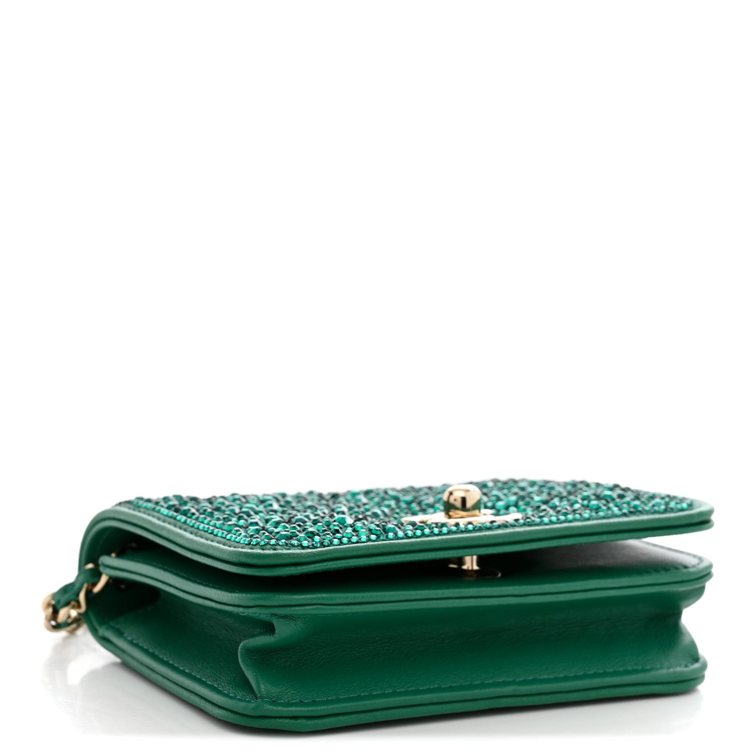 Lambskin Crystal Diamante Clutch With Chain Green — view 4