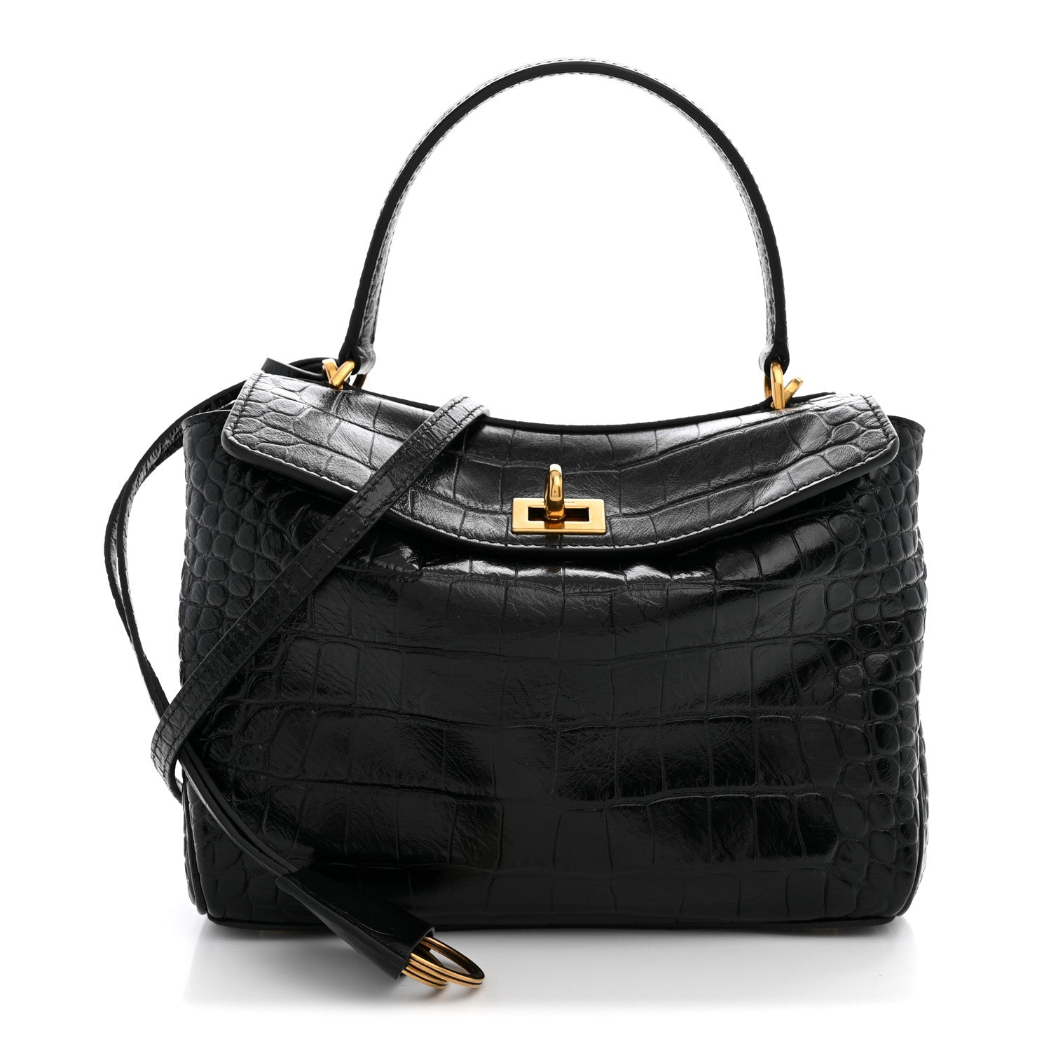 Shiny Calfskin Crocodile Embossed Mini Rodeo Top Handle Handbag Black