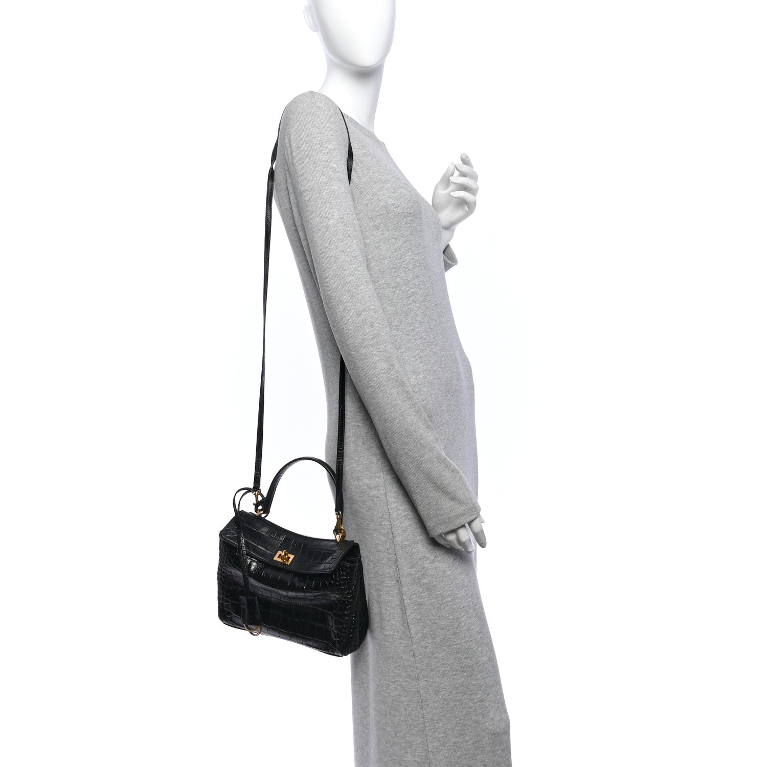 Shiny Calfskin Crocodile Embossed Mini Rodeo Top Handle Handbag Black — view 2