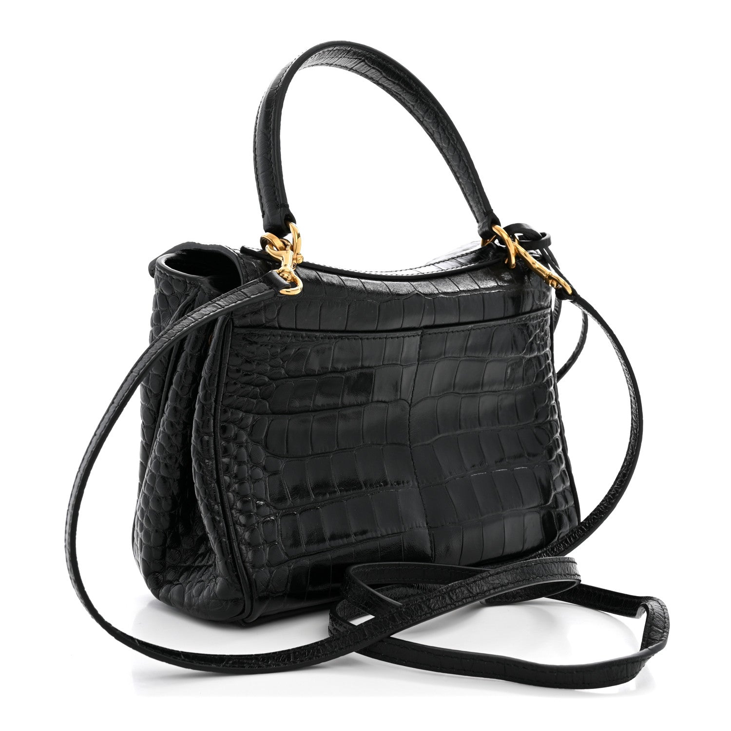 Shiny Calfskin Crocodile Embossed Mini Rodeo Top Handle Handbag Black — view 3