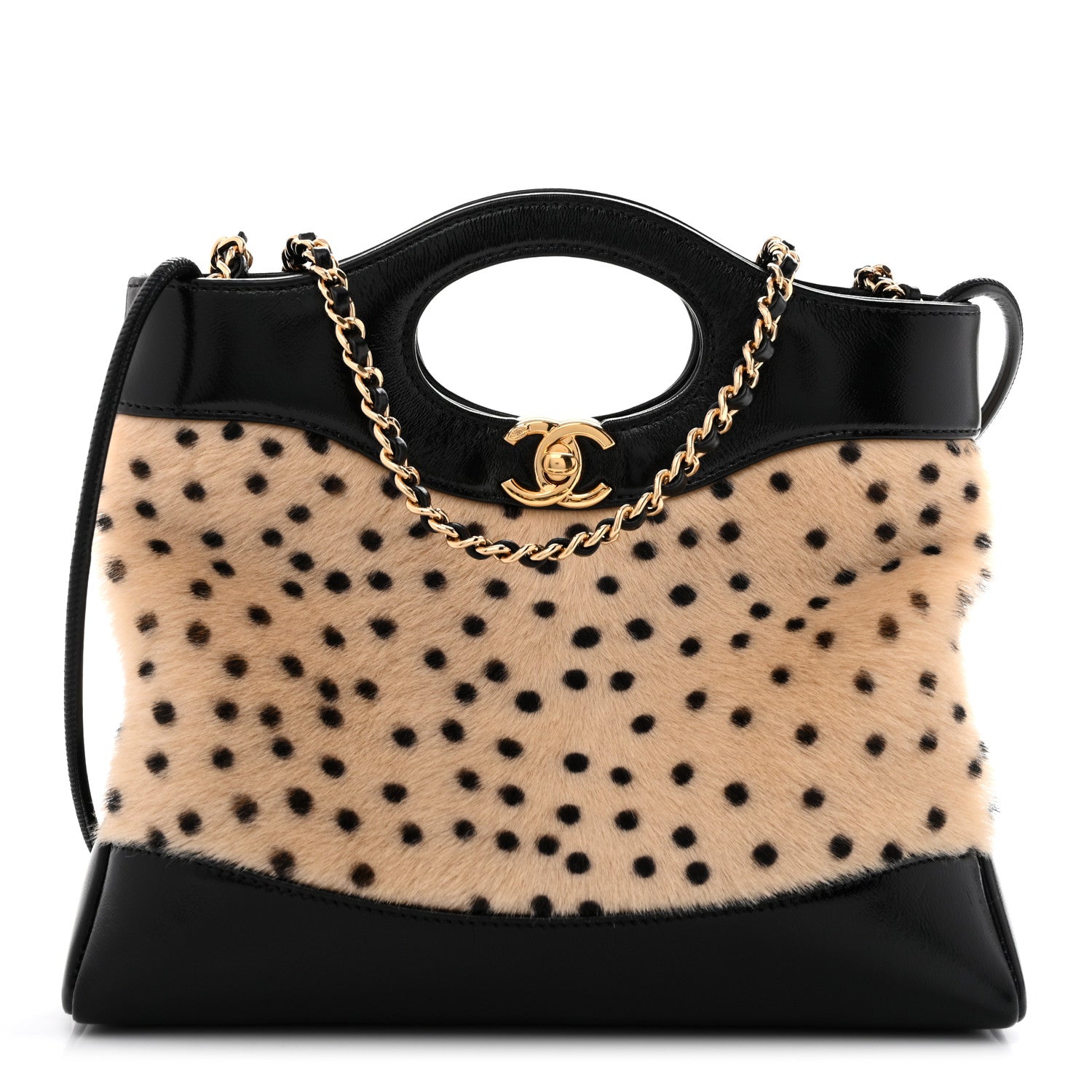 Shiny Lambskin Pony Hair Cheetah Printed Mini 31 Shopping Bag Light Beige Black