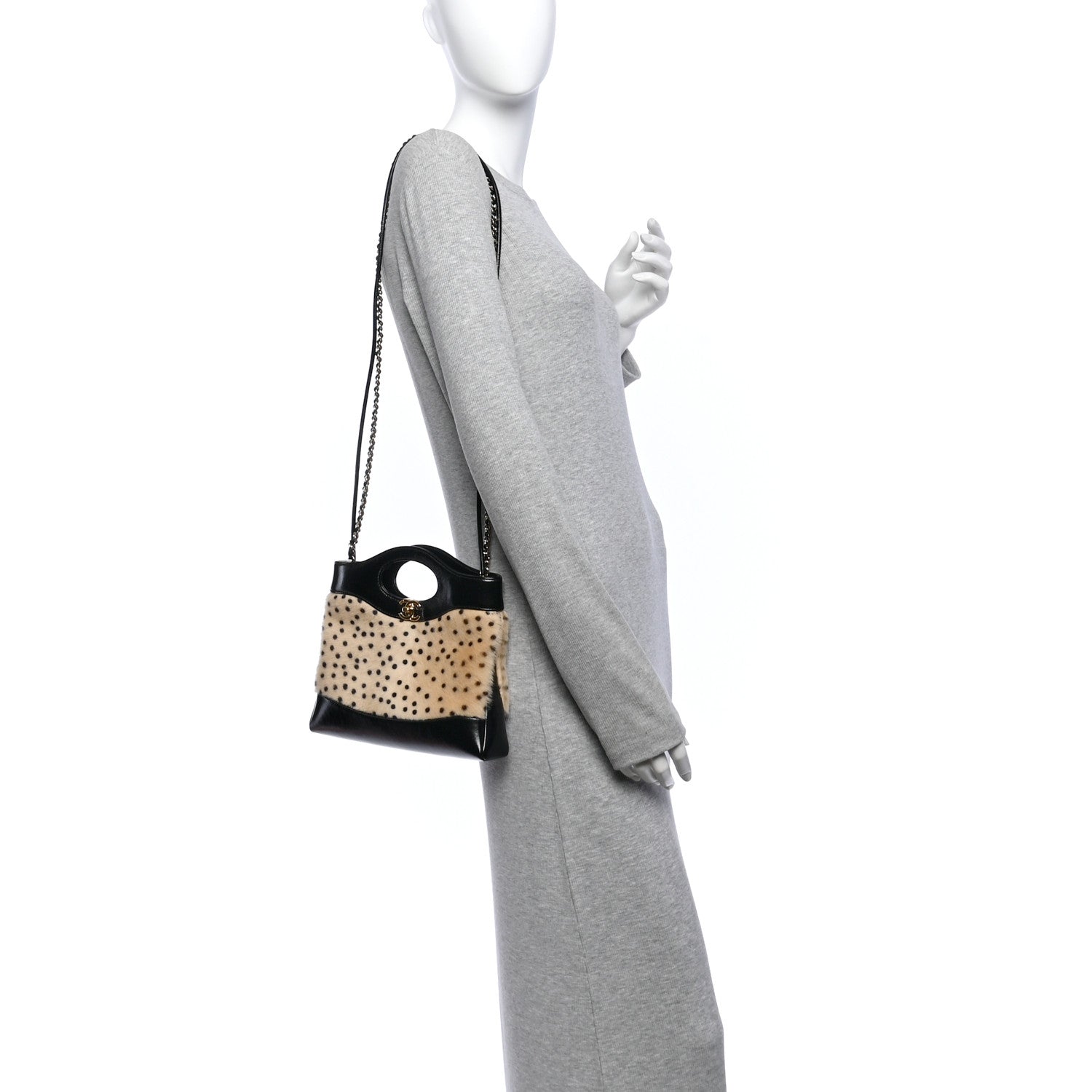Shiny Lambskin Pony Hair Cheetah Printed Mini 31 Shopping Bag Light Beige Black — view 2