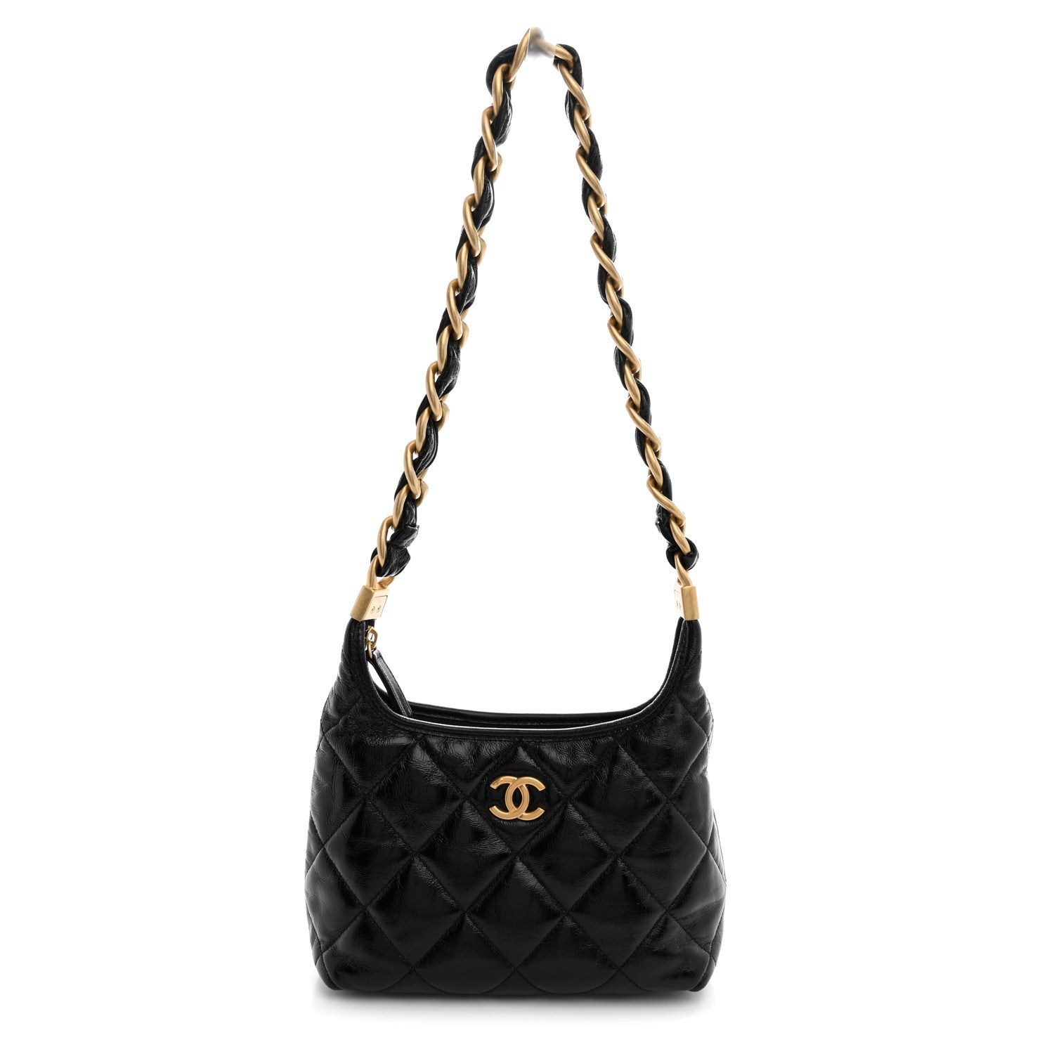 Shiny Crumpled Lambskin Quilted Small CC Funky Town Hobo Black