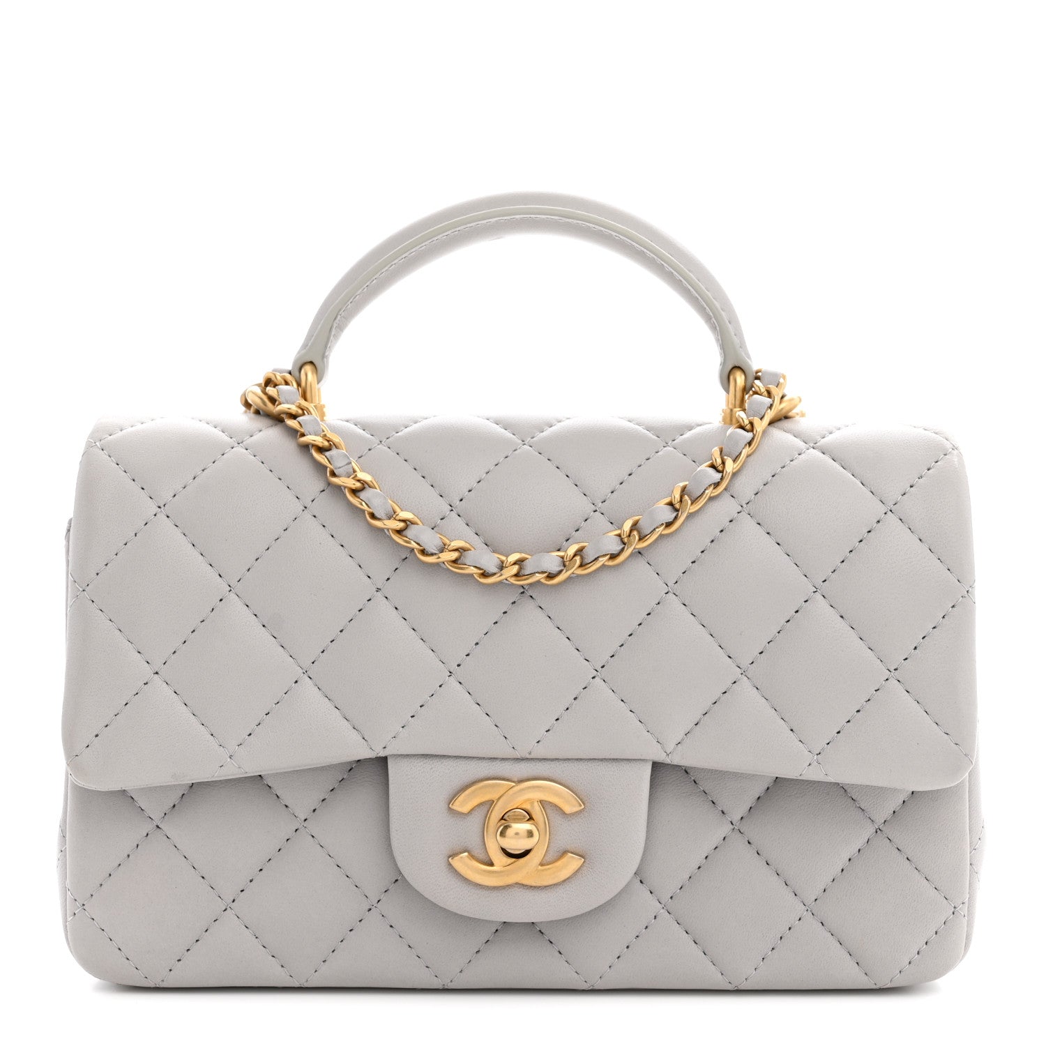 Lambskin Quilted Mini Top Handle Rectangular Flap Grey