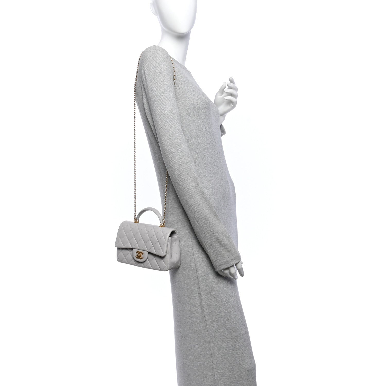 Lambskin Quilted Mini Top Handle Rectangular Flap Grey — view 2