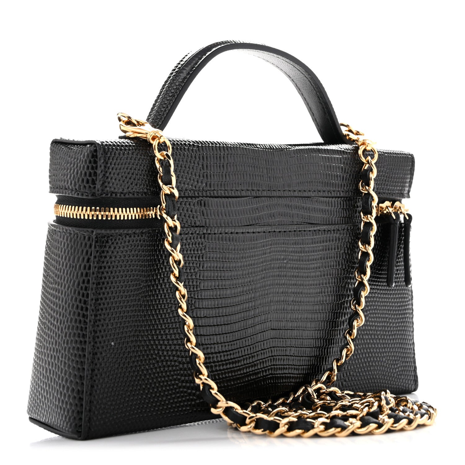 Lizard Embossed Calfskin Top Handle Slim Vanity With Chain Black — view 3
