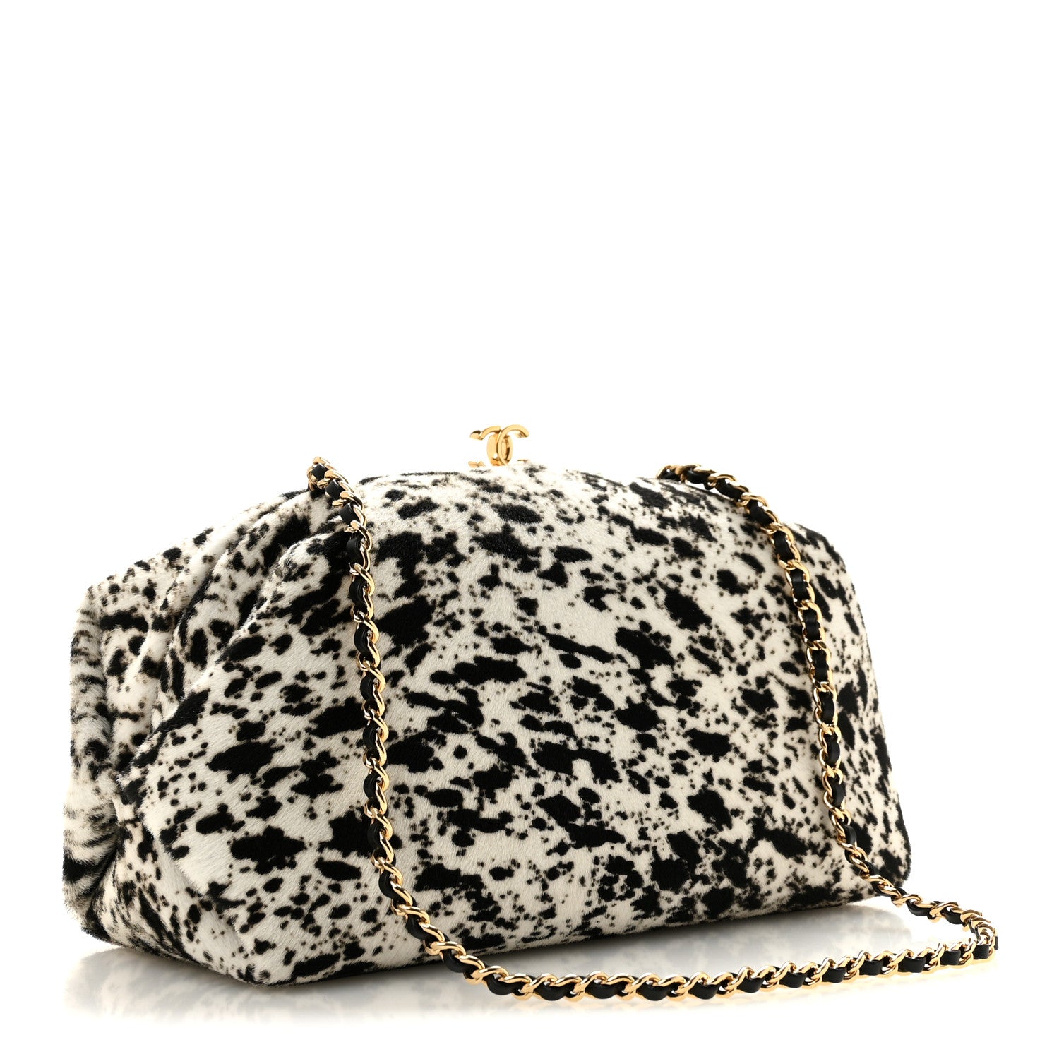 Lambskin Pony Hair Printed Clutch With Chain Black White — view 3