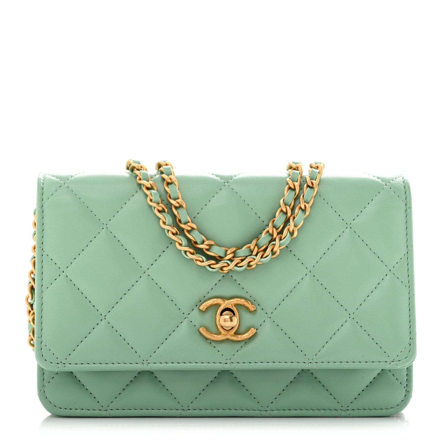 Lambskin Quilted Logo WOC Wallet On Chain Green