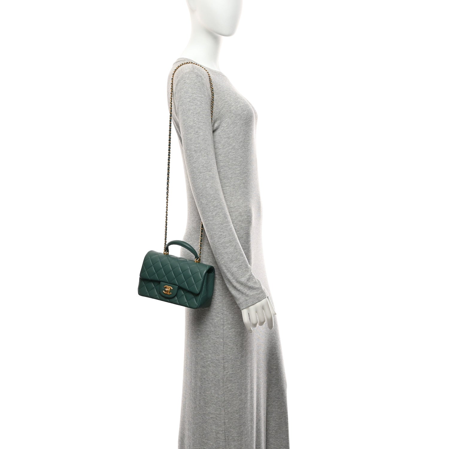 Lambskin Quilted Mini Top Handle Rectangular Flap Green — view 2