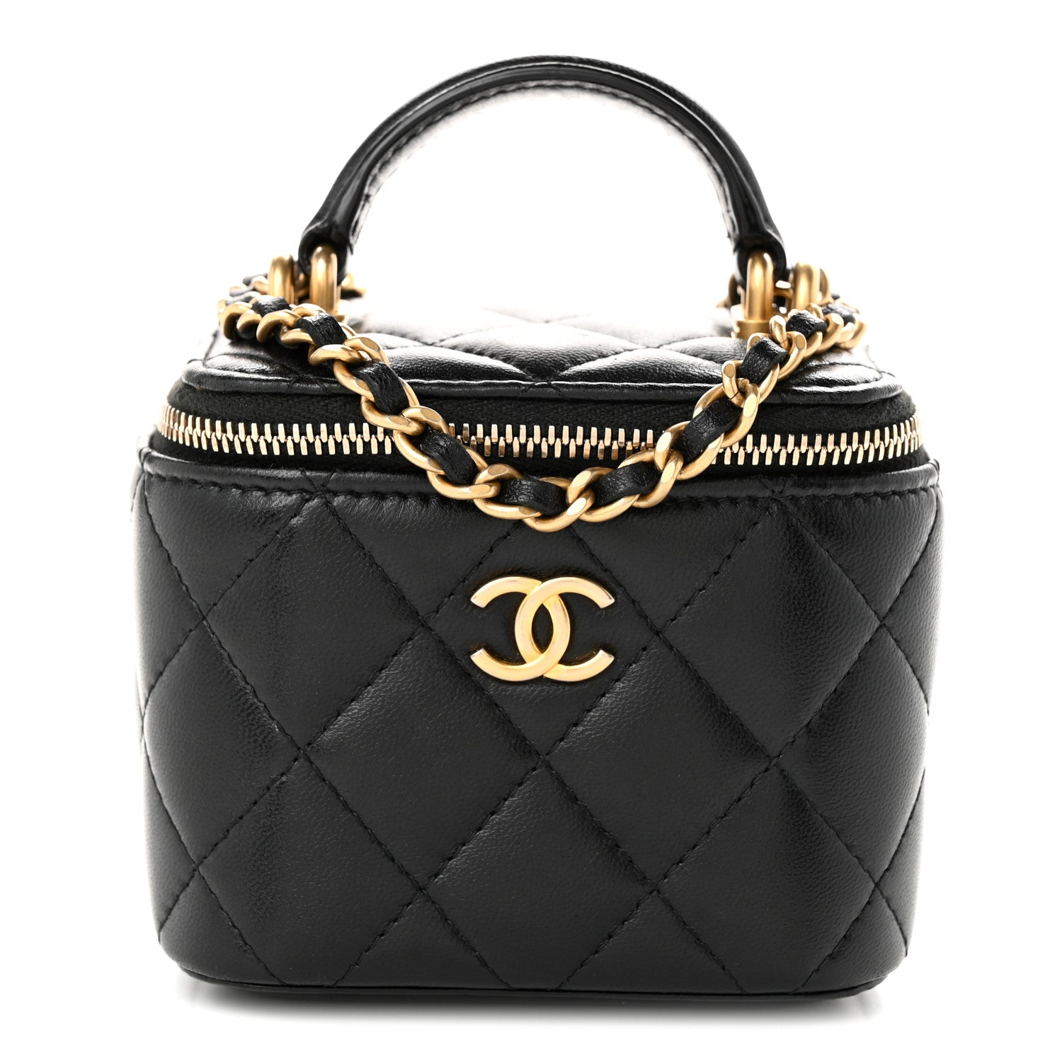 Lambskin Quilted Top Handle Mini Vanity Case With Chain Black