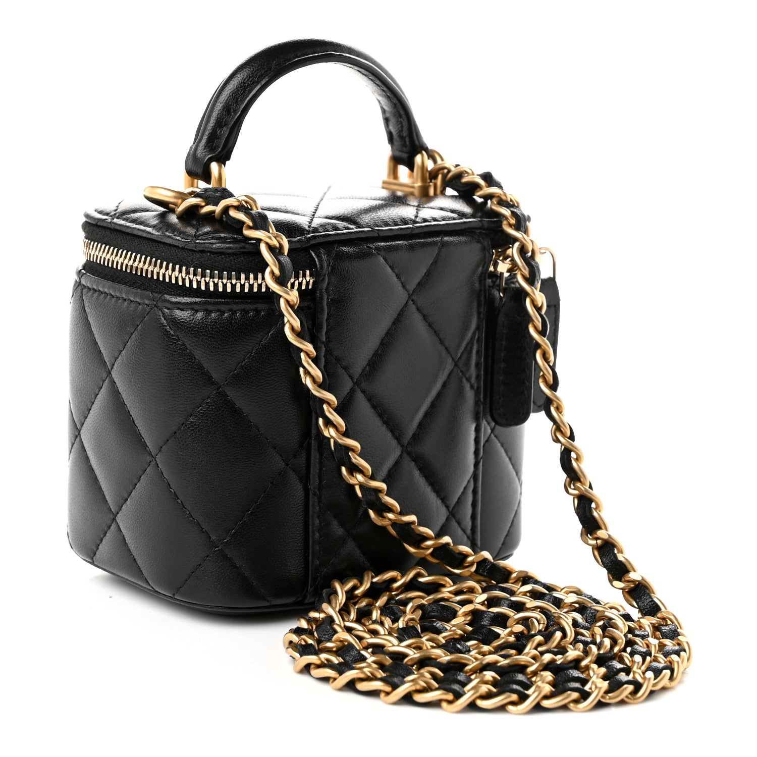 Lambskin Quilted Top Handle Mini Vanity Case With Chain Black — view 2