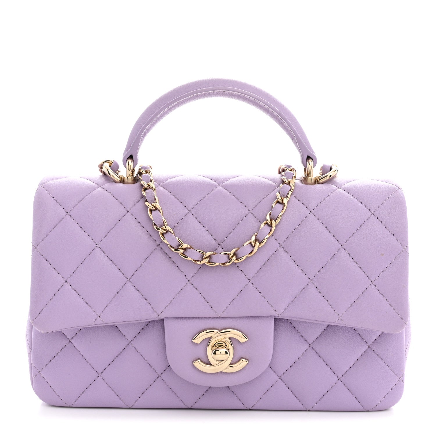 Lambskin Quilted Mini Top Handle Rectangular Flap Light Purple