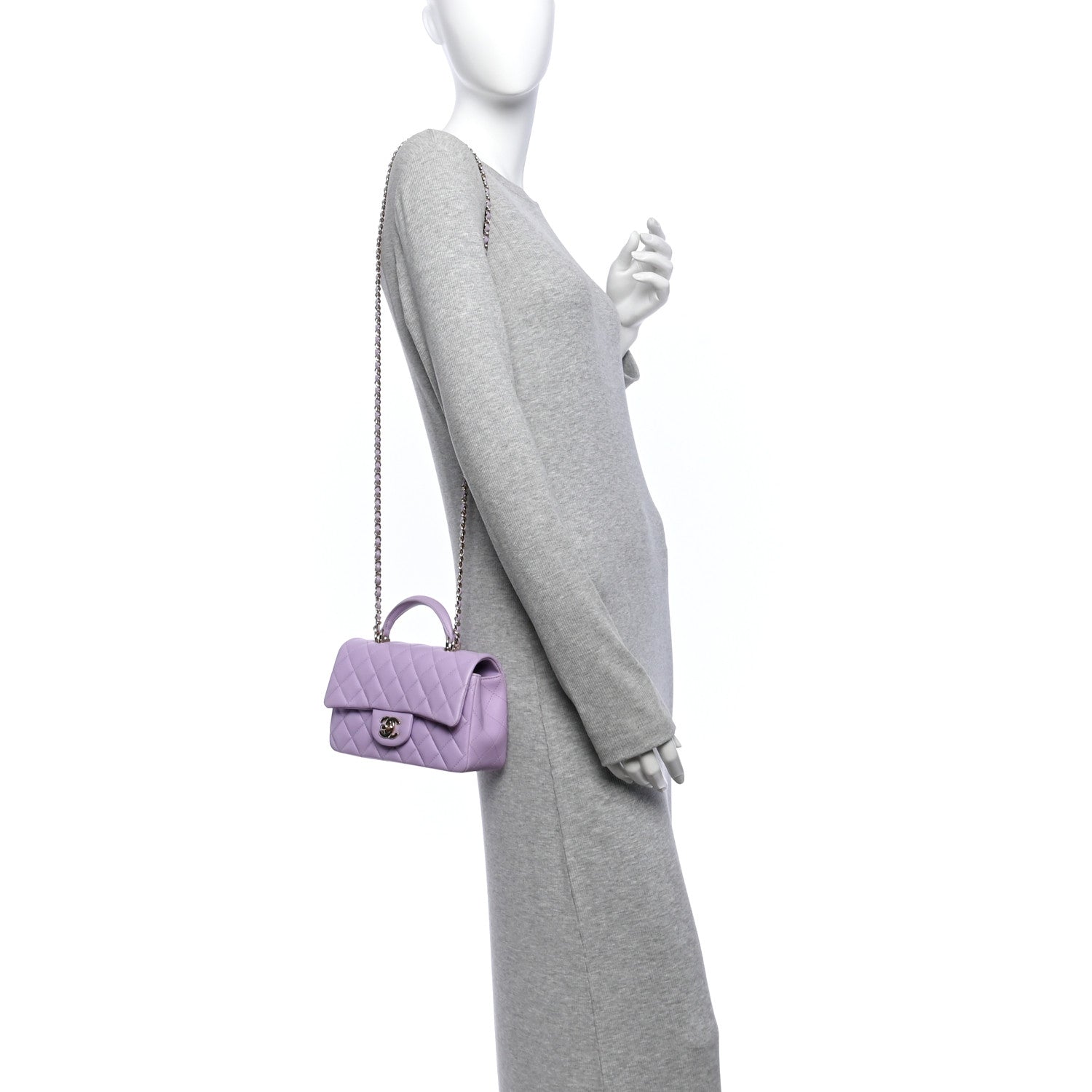 Lambskin Quilted Mini Top Handle Rectangular Flap Light Purple — view 2