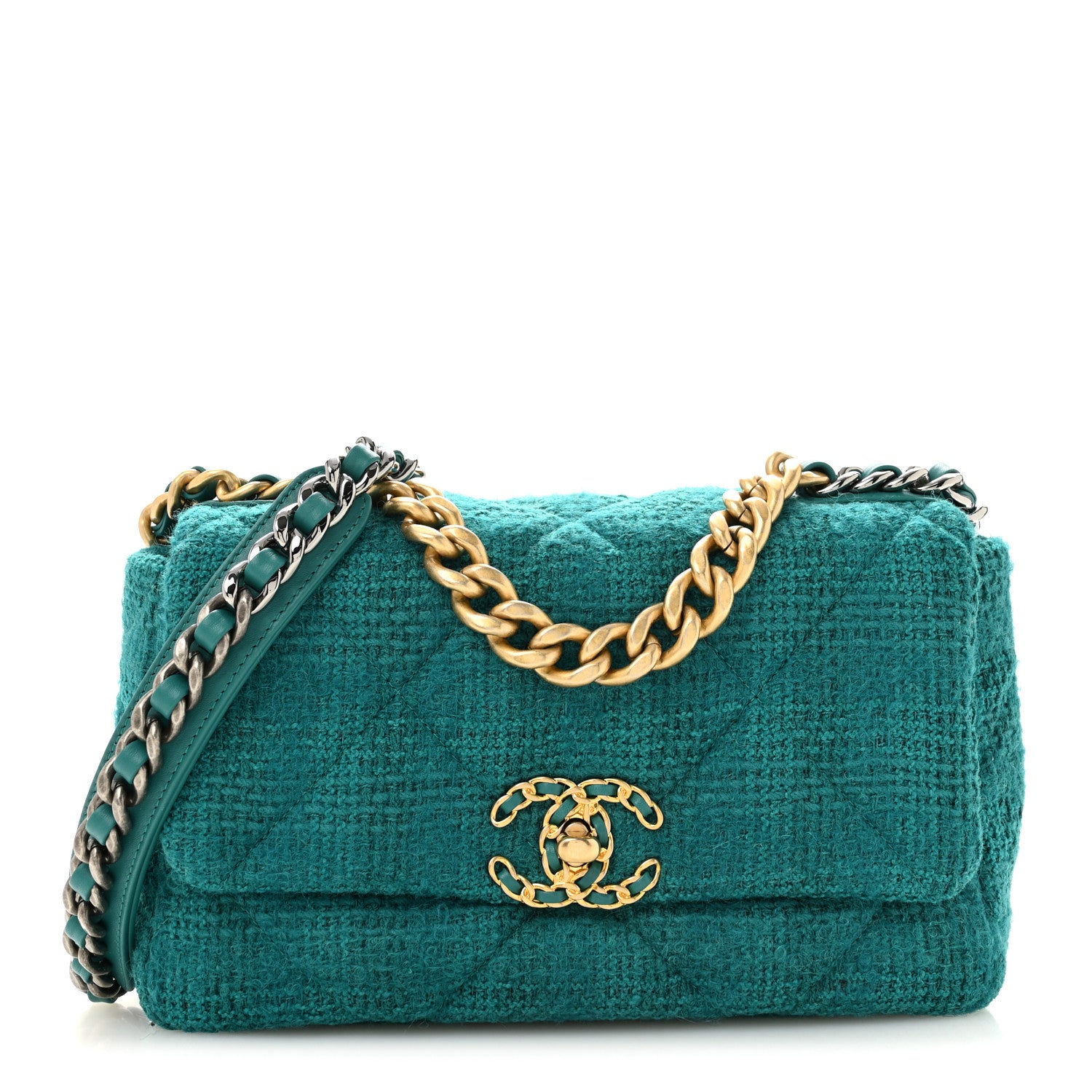 Tweed Quilted Medium Chanel 19 Flap Green