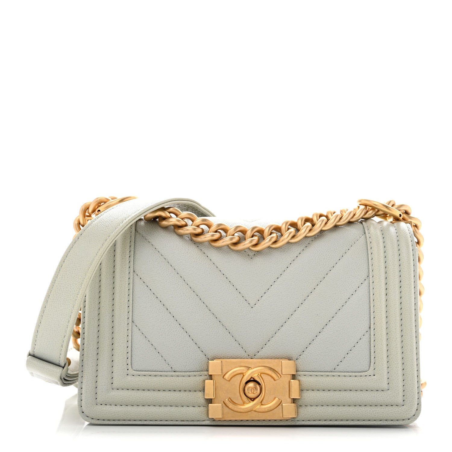 Caviar Chevron Quilted Small Boy Flap Light Grey