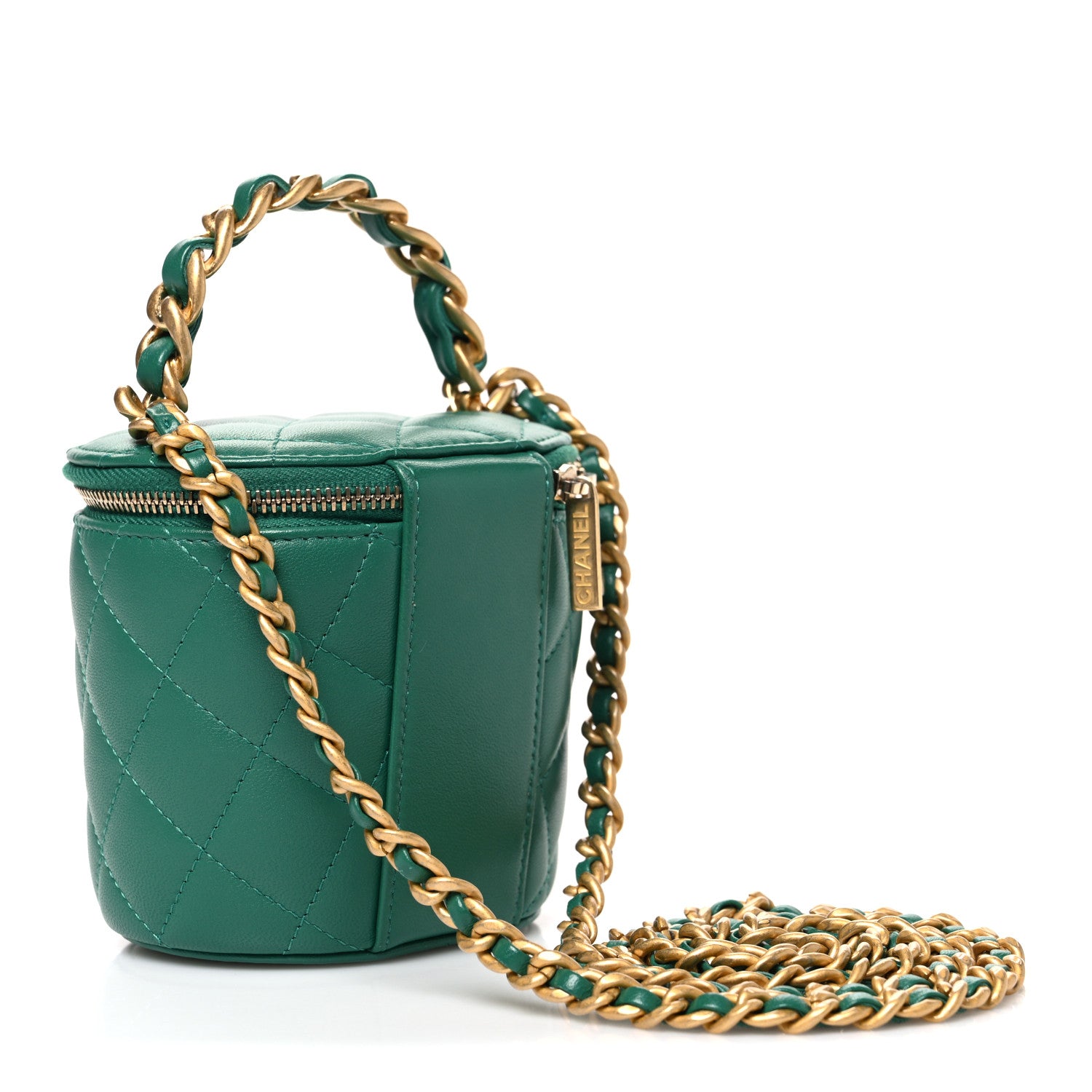 Lambskin Quilted Afternoon Tea Top Handle Vanity Case With Chain Green — view 3