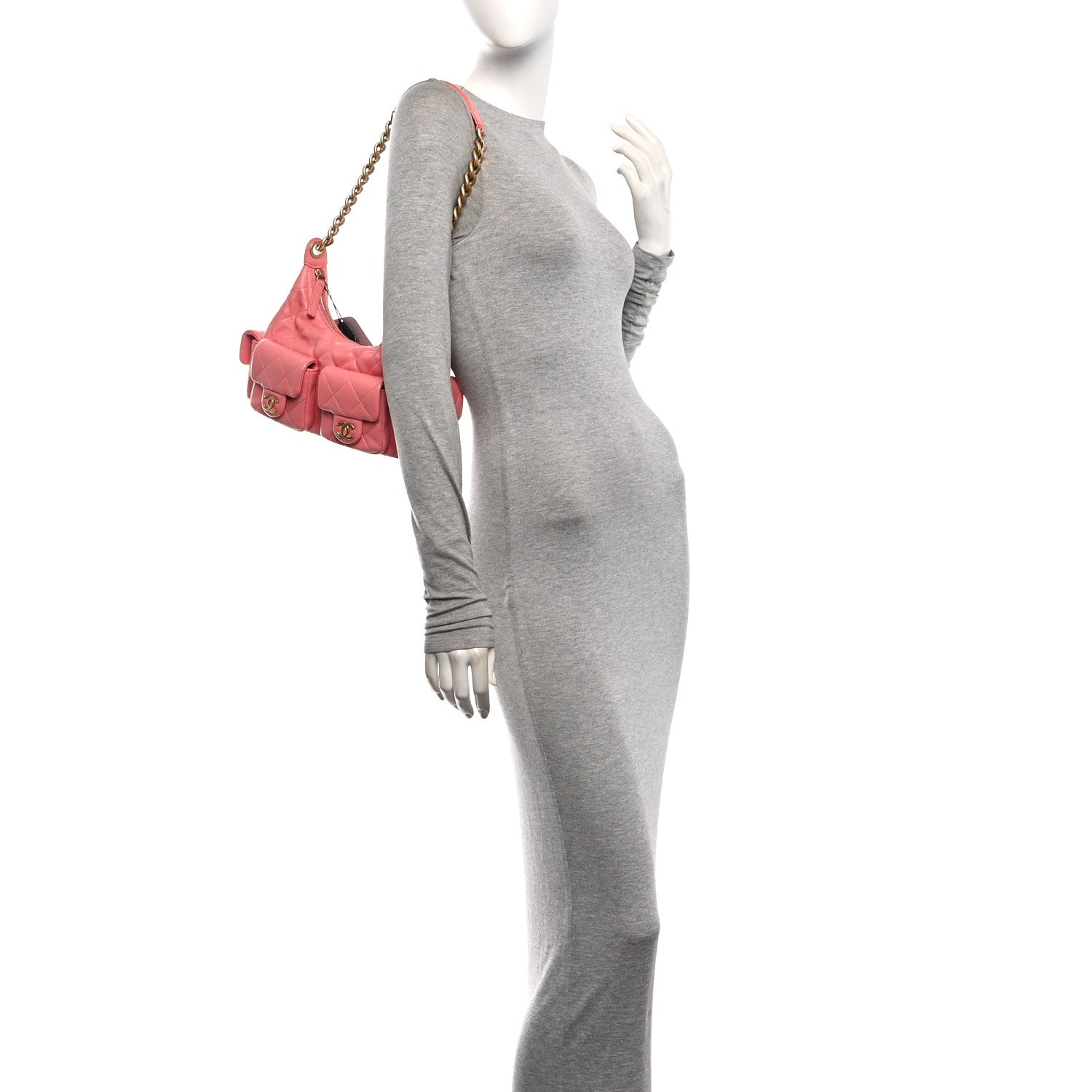 Shiny Lambskin Quilted Trendy Pockets Hobo Coral Pink — view 2