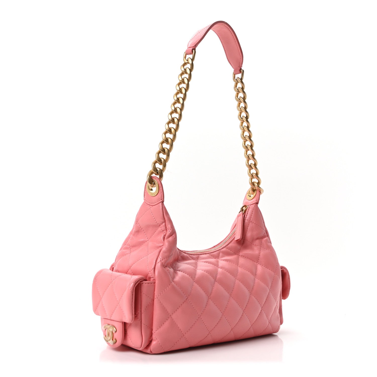 Shiny Lambskin Quilted Trendy Pockets Hobo Coral Pink — view 3