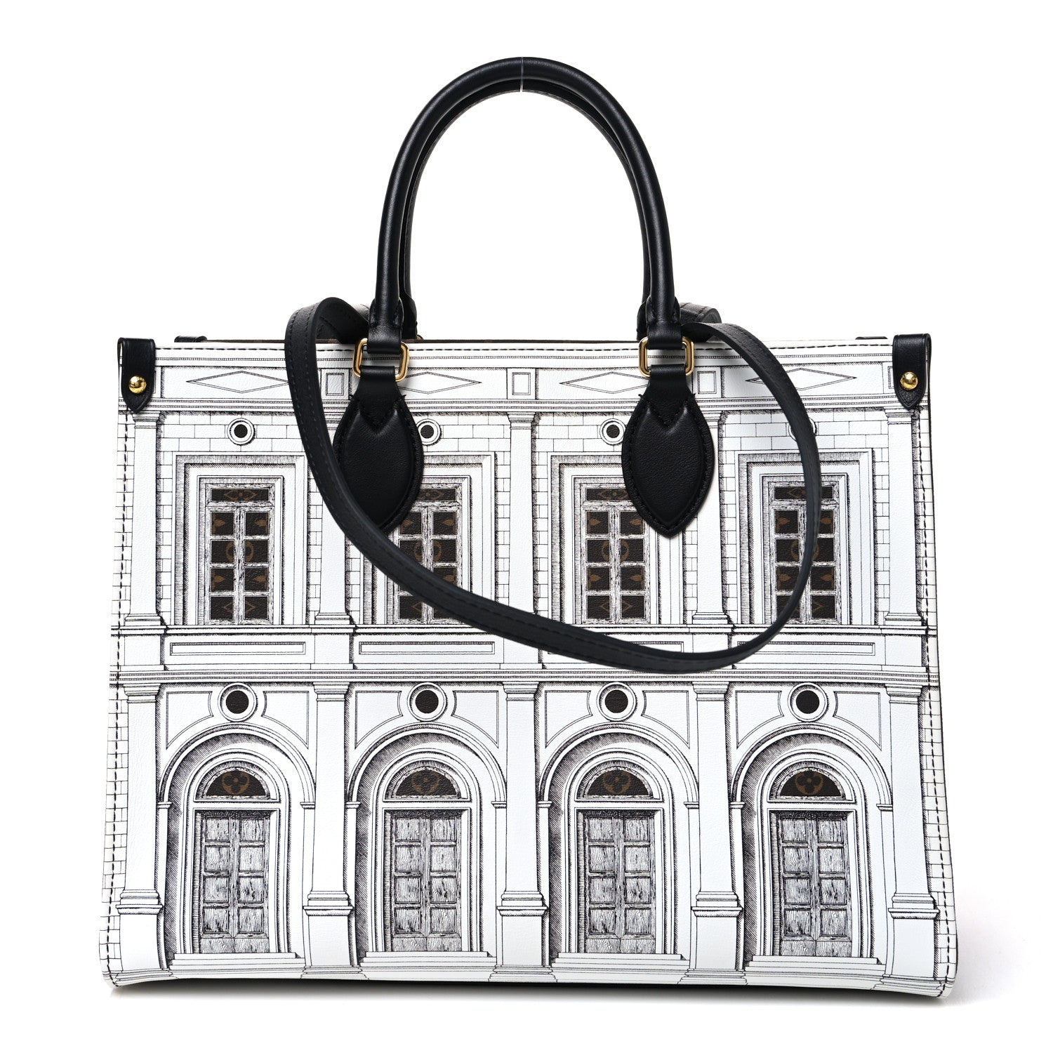 X FORNASETTI Calfskin Architettura Onthego MM Black White