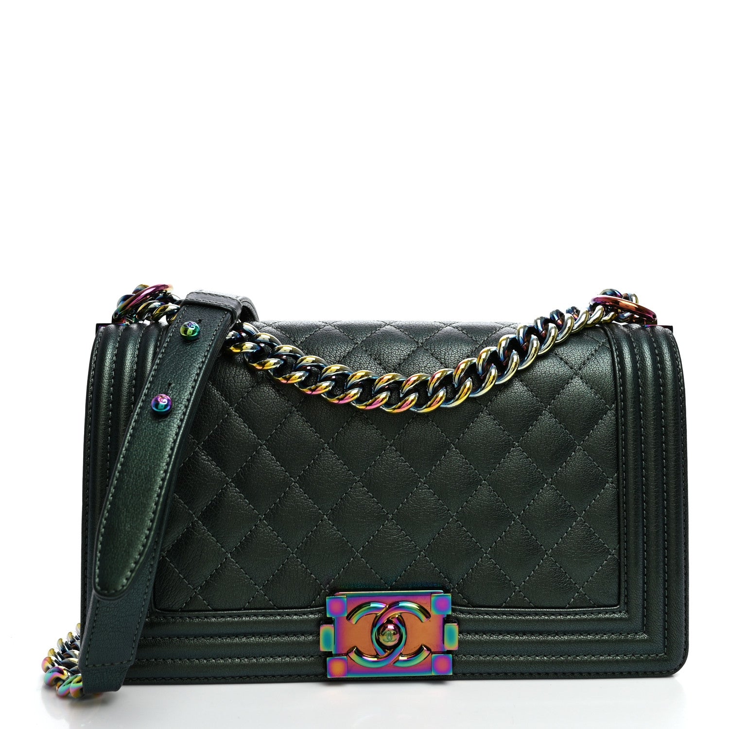 Iridescent Goatskin Quilted Medium Boy Flap Green