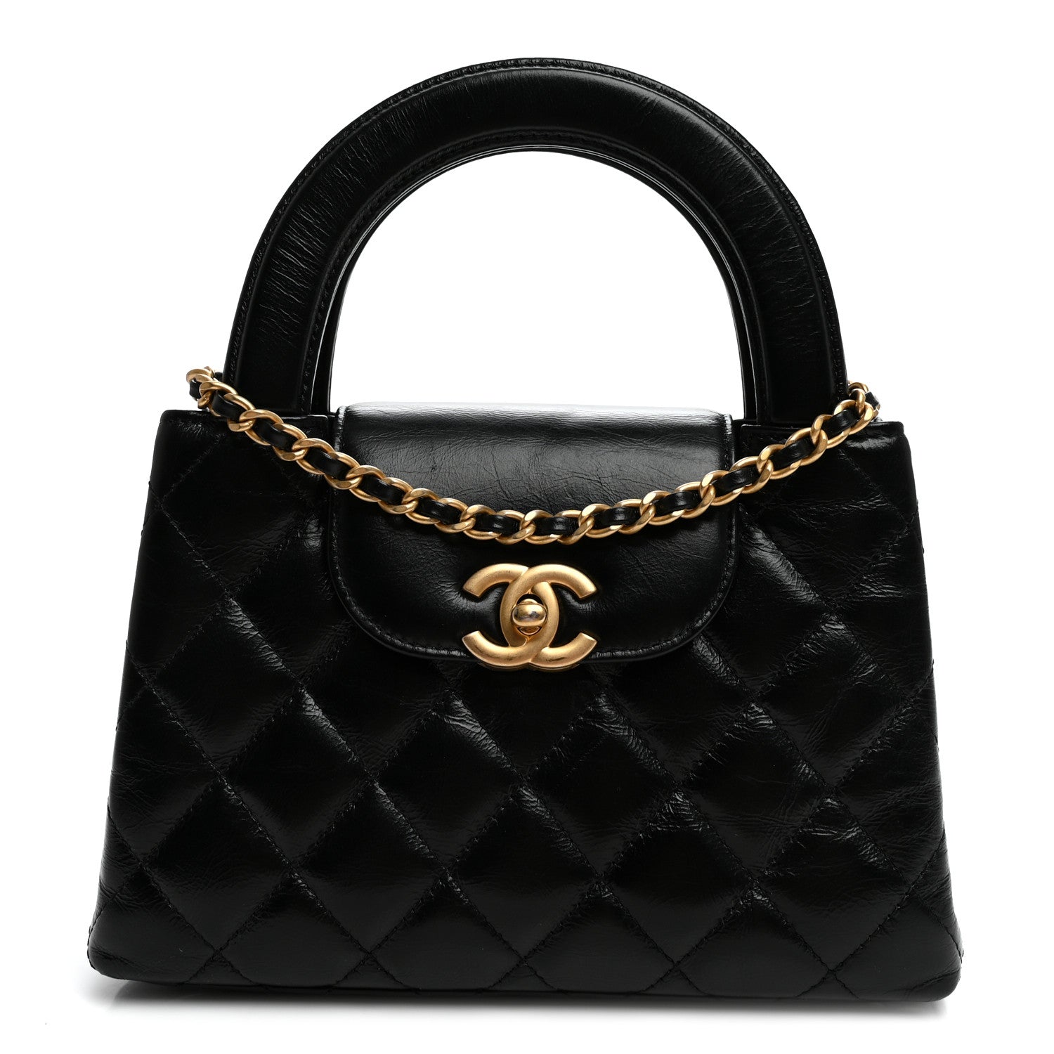 Shiny Aged Calfskin Quilted Nano Kelly Shopper Black — view 1