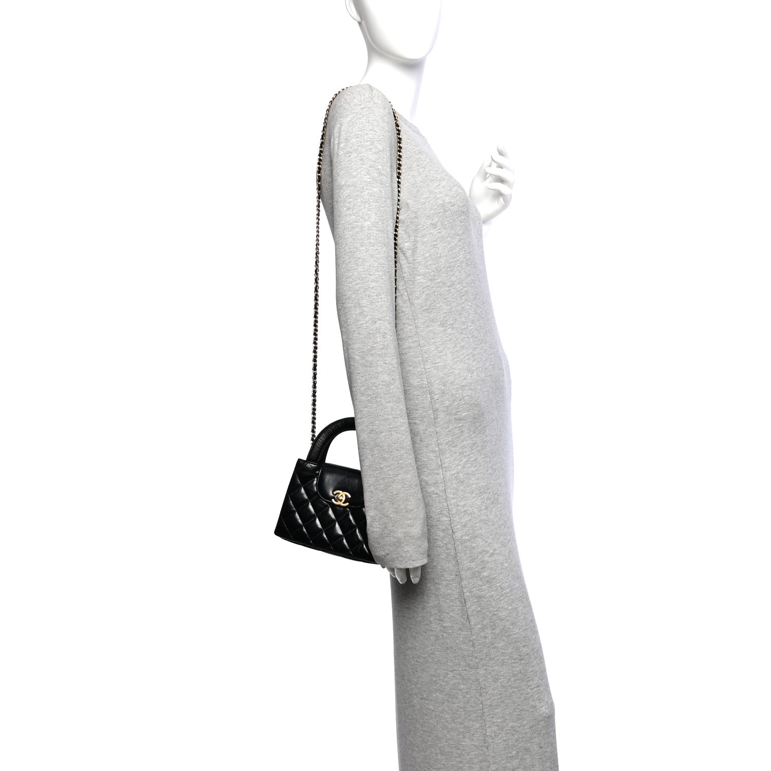 Shiny Aged Calfskin Quilted Nano Kelly Shopper Black — view 2