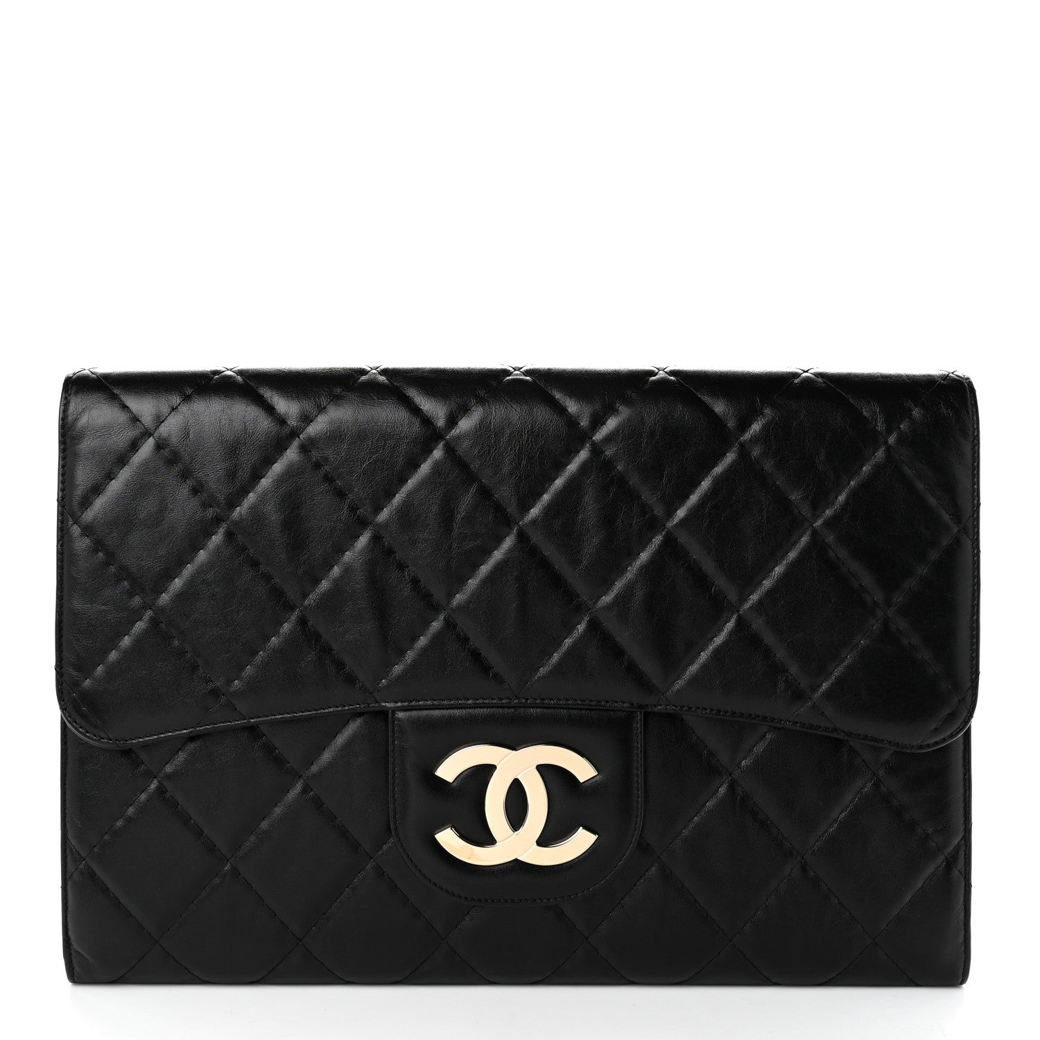 Shiny Crumpled Calfskin Quilted Large Clutch Black