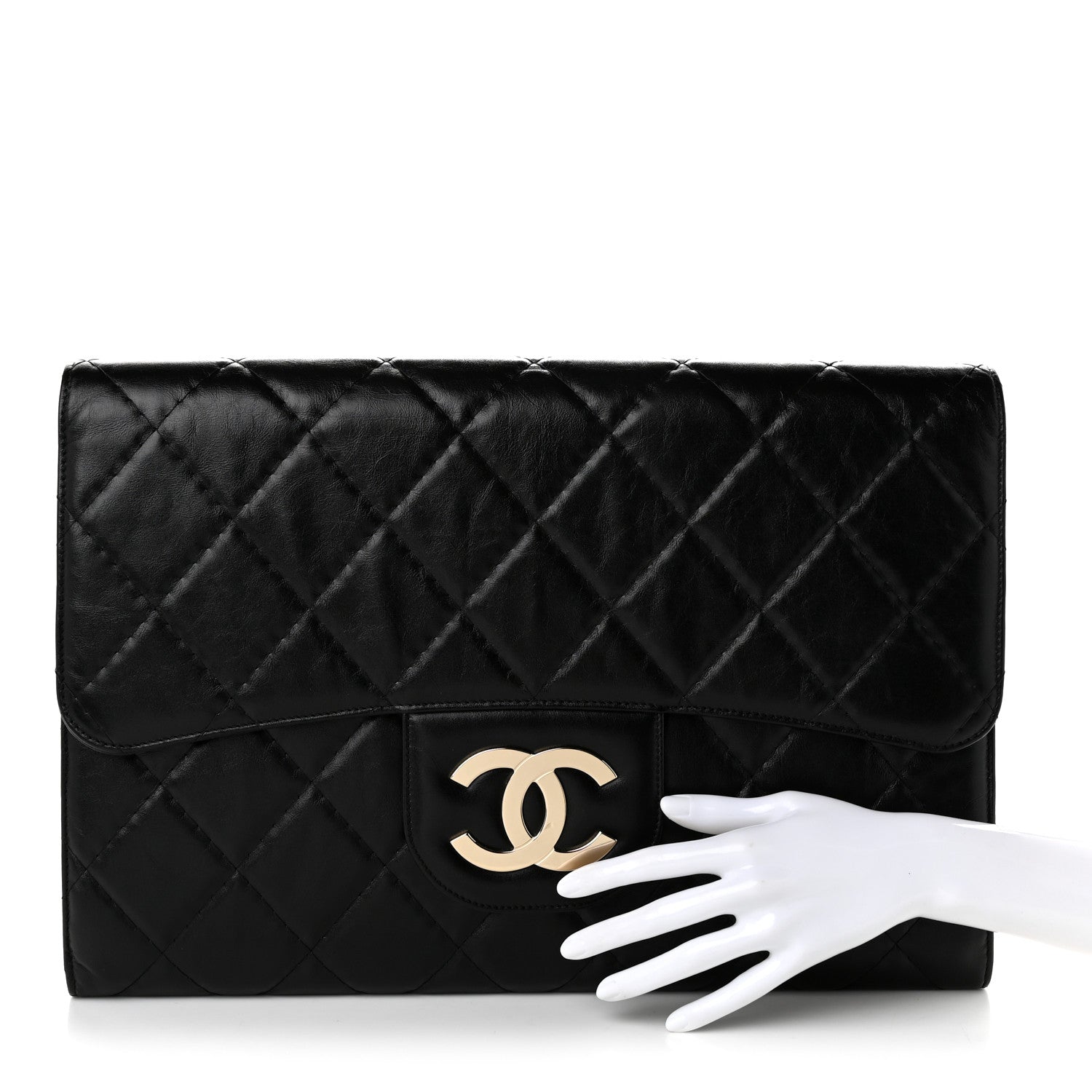 Shiny Crumpled Calfskin Quilted Large Clutch Black — view 2