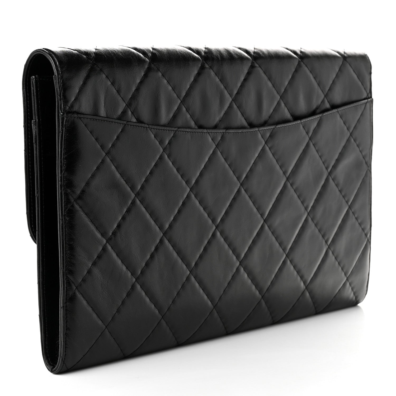 Shiny Crumpled Calfskin Quilted Large Clutch Black — view 3