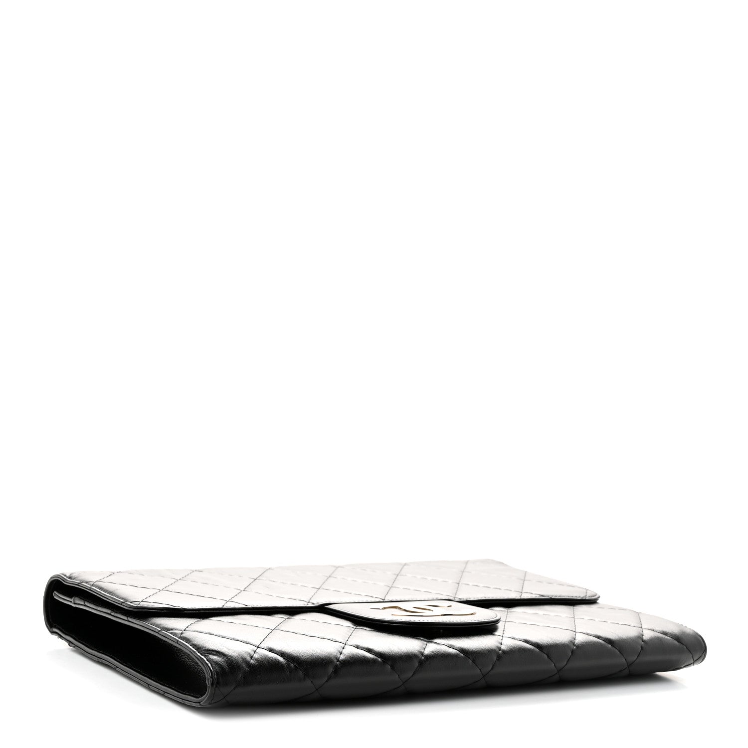 Shiny Crumpled Calfskin Quilted Large Clutch Black — view 4