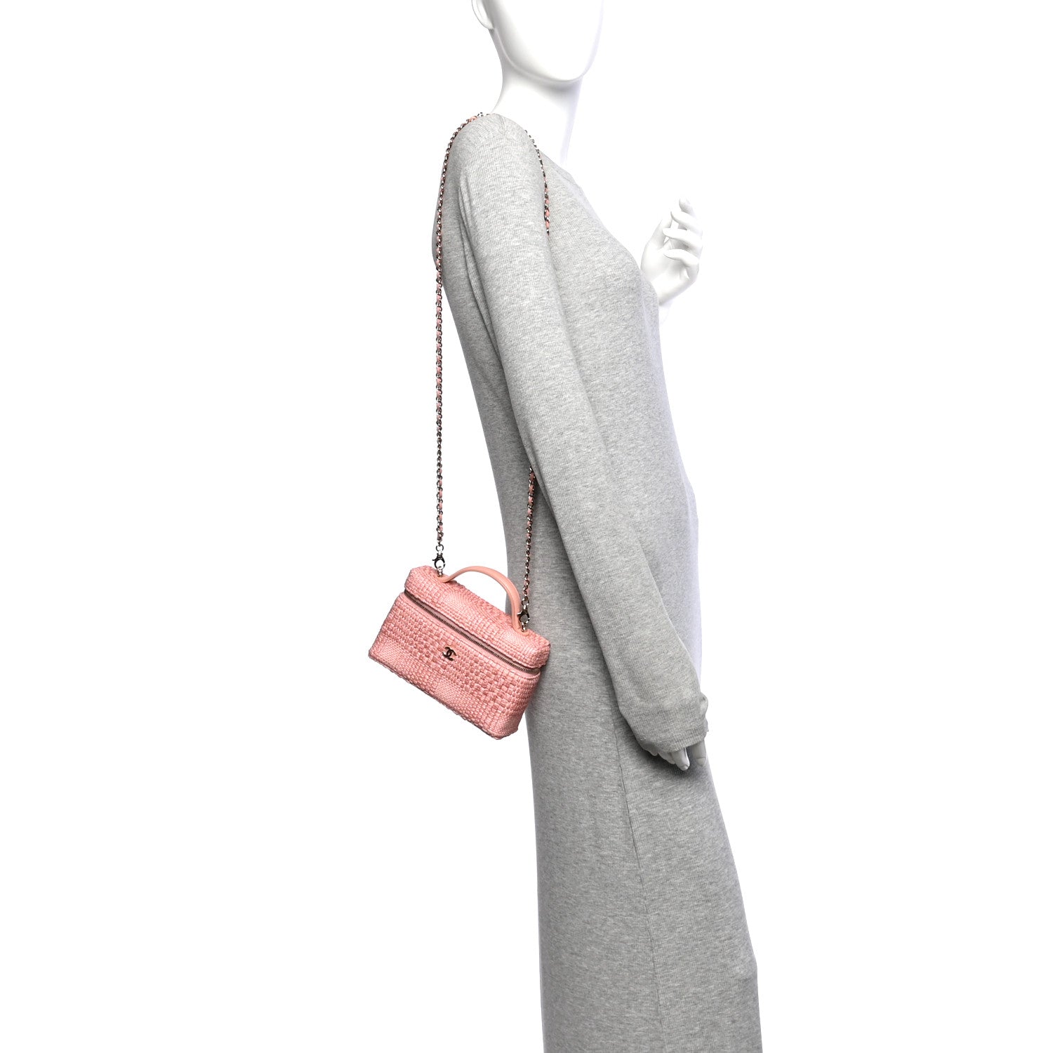 Braided Raffia Quilted Top Handle Slim Vanity Case With Chain Light Pink — view 2