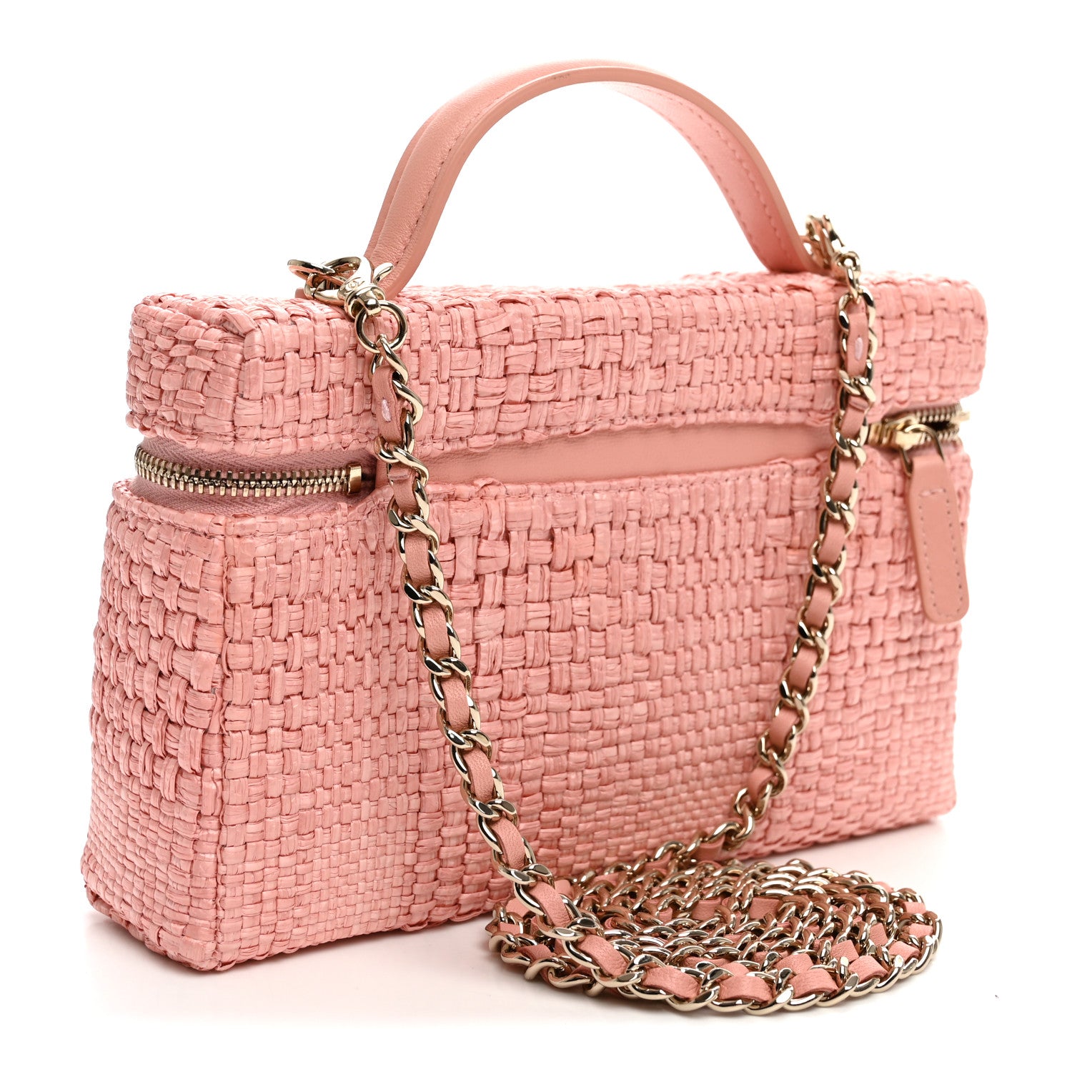 Braided Raffia Quilted Top Handle Slim Vanity Case With Chain Light Pink — view 3