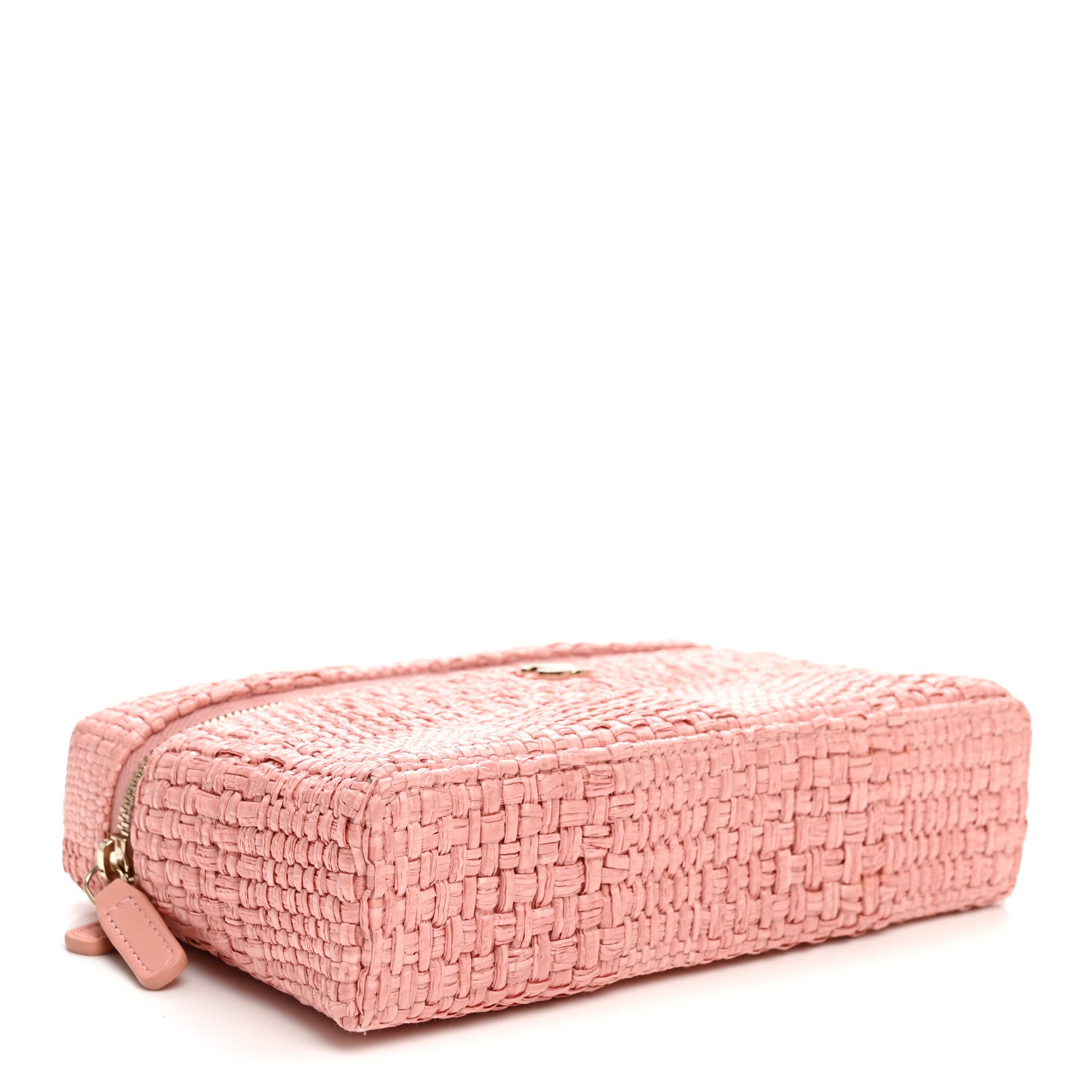 Braided Raffia Quilted Top Handle Slim Vanity Case With Chain Light Pink — view 4