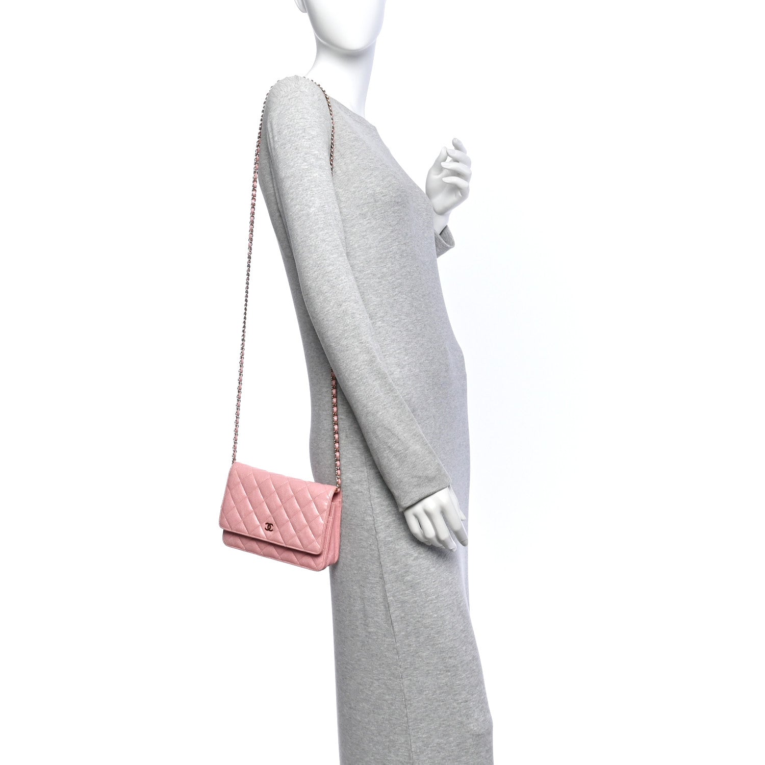 Iridescent Caviar Quilted Wallet on Chain WOC Rose Pink — view 2