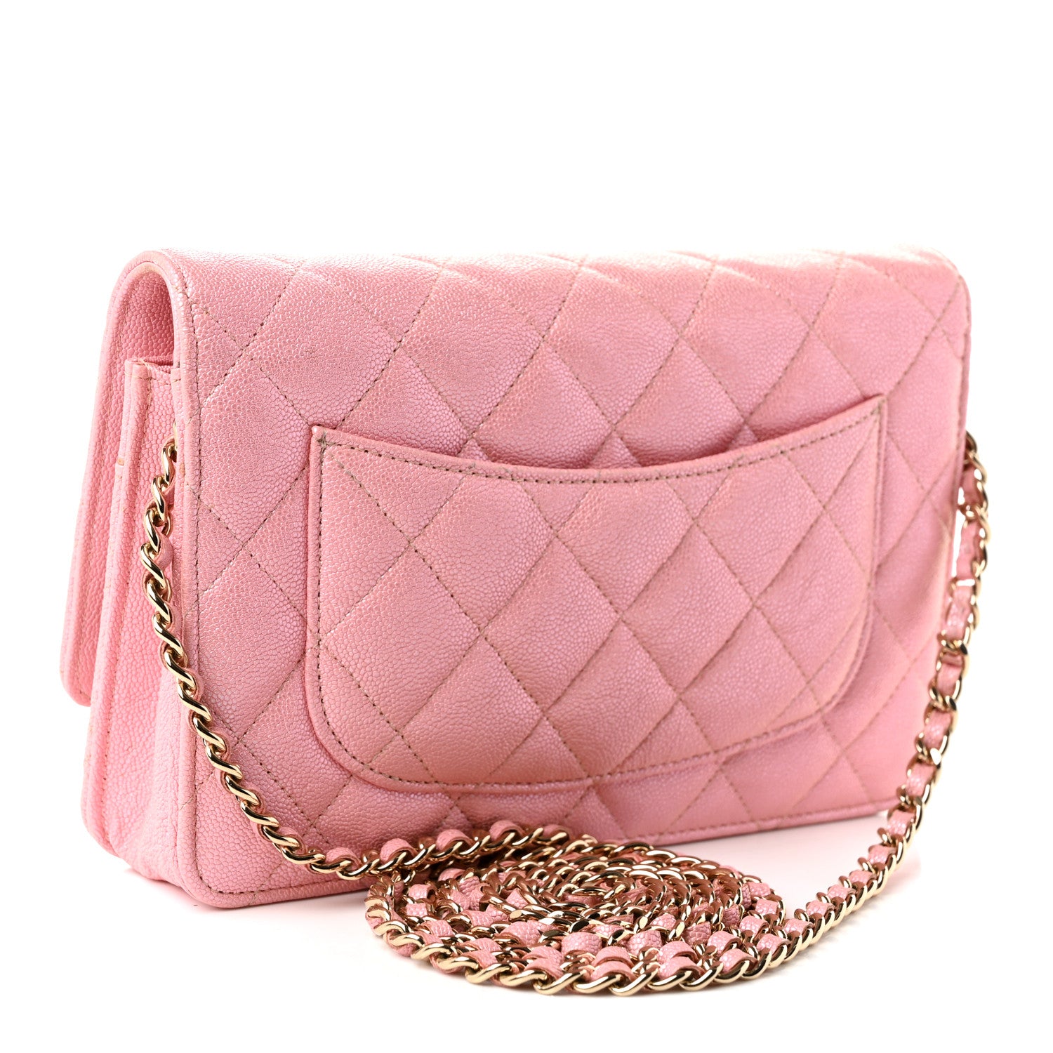 Iridescent Caviar Quilted Wallet on Chain WOC Rose Pink — view 3