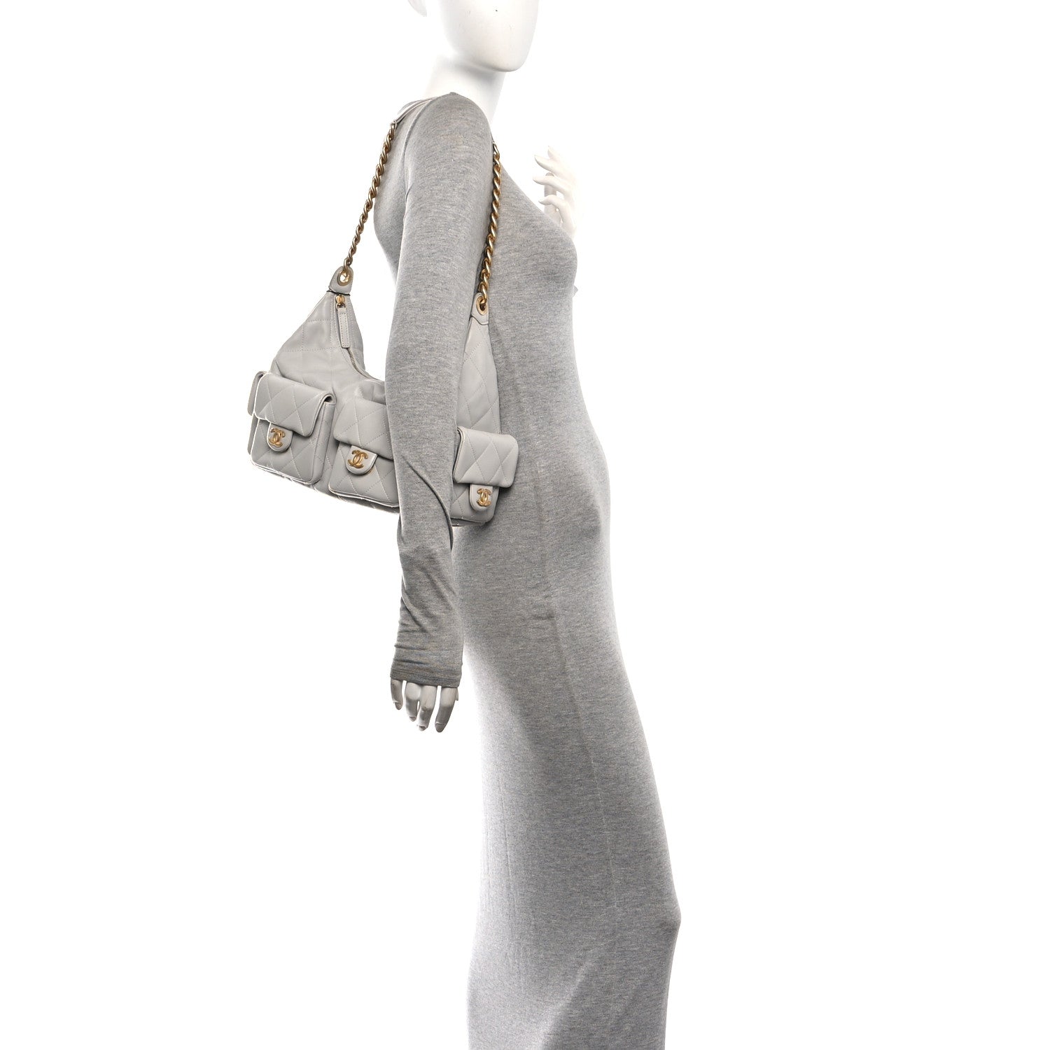Shiny Lambskin Quilted Large Trendy Pockets Hobo Light Grey — view 2