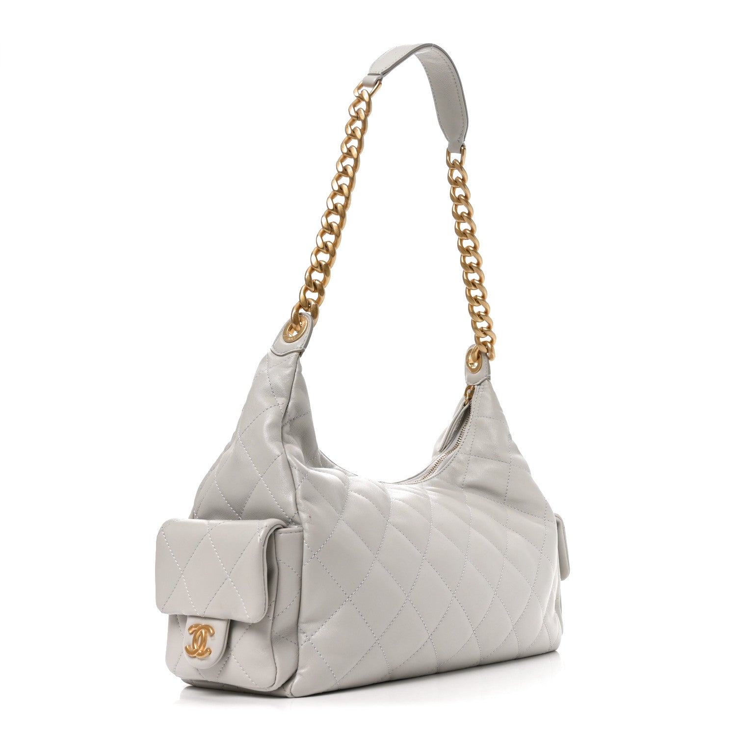 Shiny Lambskin Quilted Large Trendy Pockets Hobo Light Grey — view 3