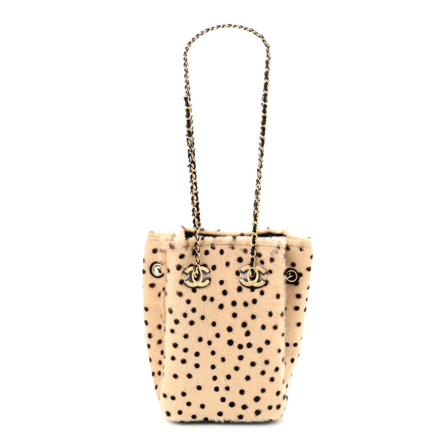 Pony Hair Cheetah Printed CC Chain Bucket Bag Light Beige Black