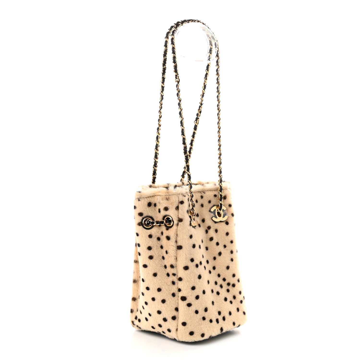 Pony Hair Cheetah Printed CC Chain Bucket Bag Light Beige Black — view 2
