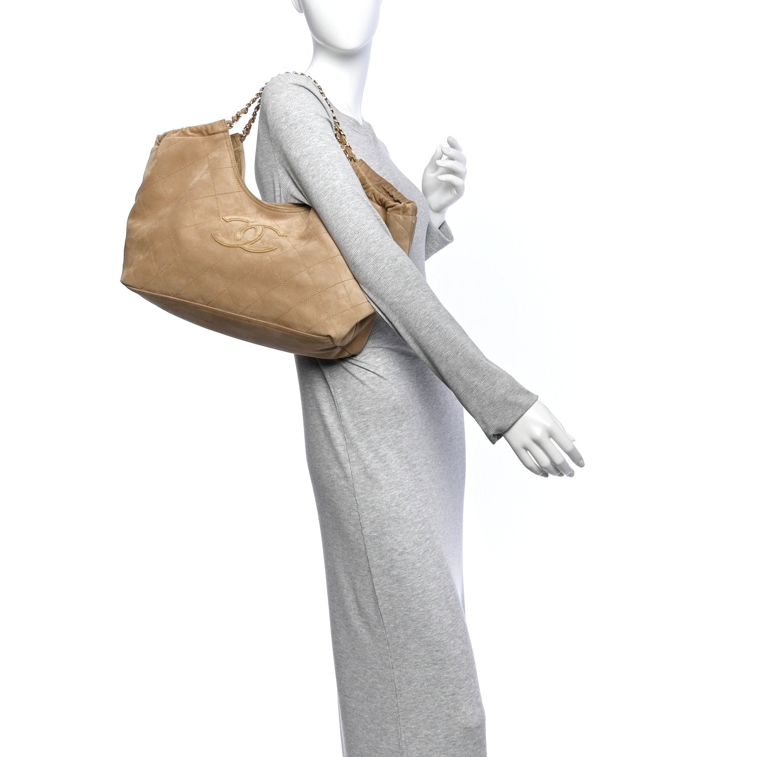 Suede Quilted Neo Cabas Small Shopping Tote Dark Beige — view 2
