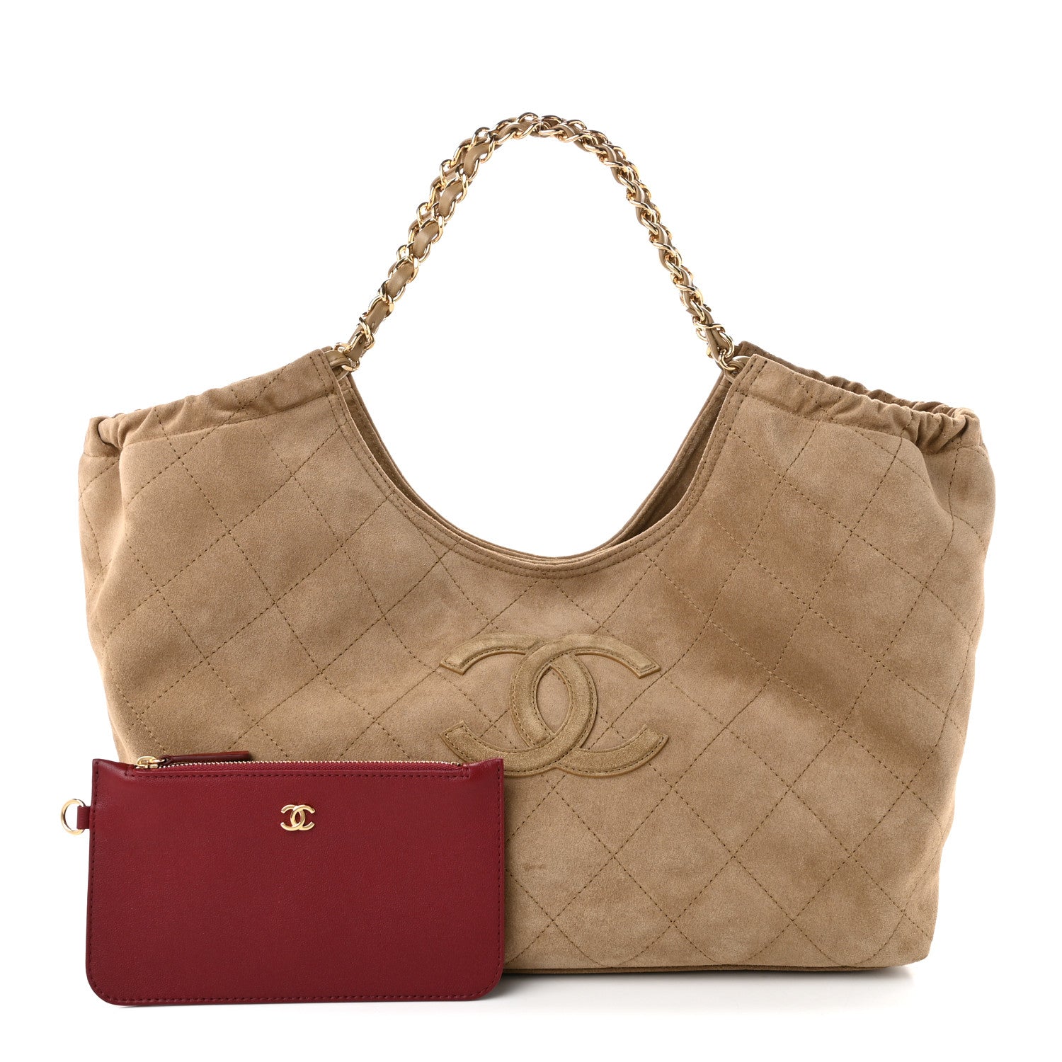 Suede Quilted Neo Cabas Small Shopping Tote Dark Beige — view 3