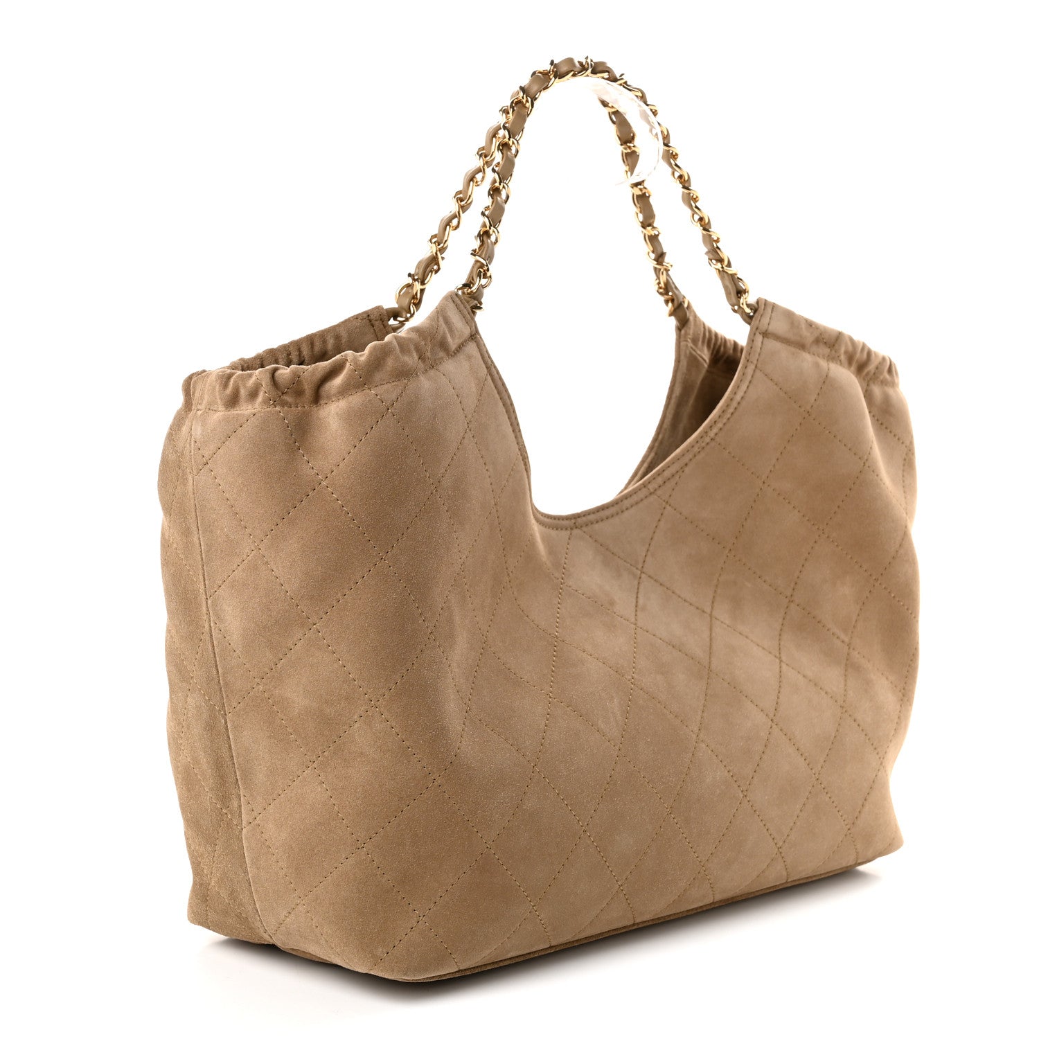 Suede Quilted Neo Cabas Small Shopping Tote Dark Beige — view 4