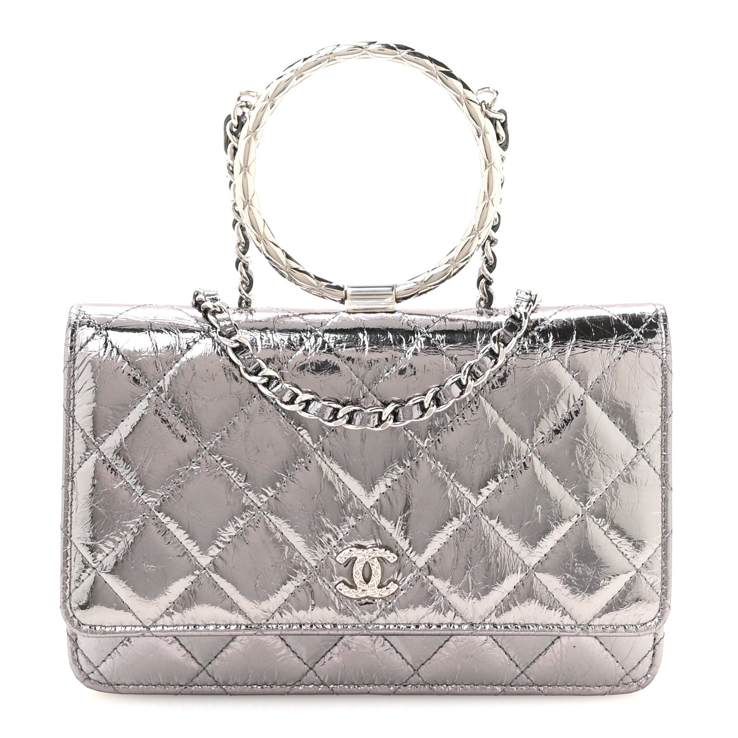 Crumpled Metallic Calfskin Quilted Ring Handle Wallet on Chain Silver