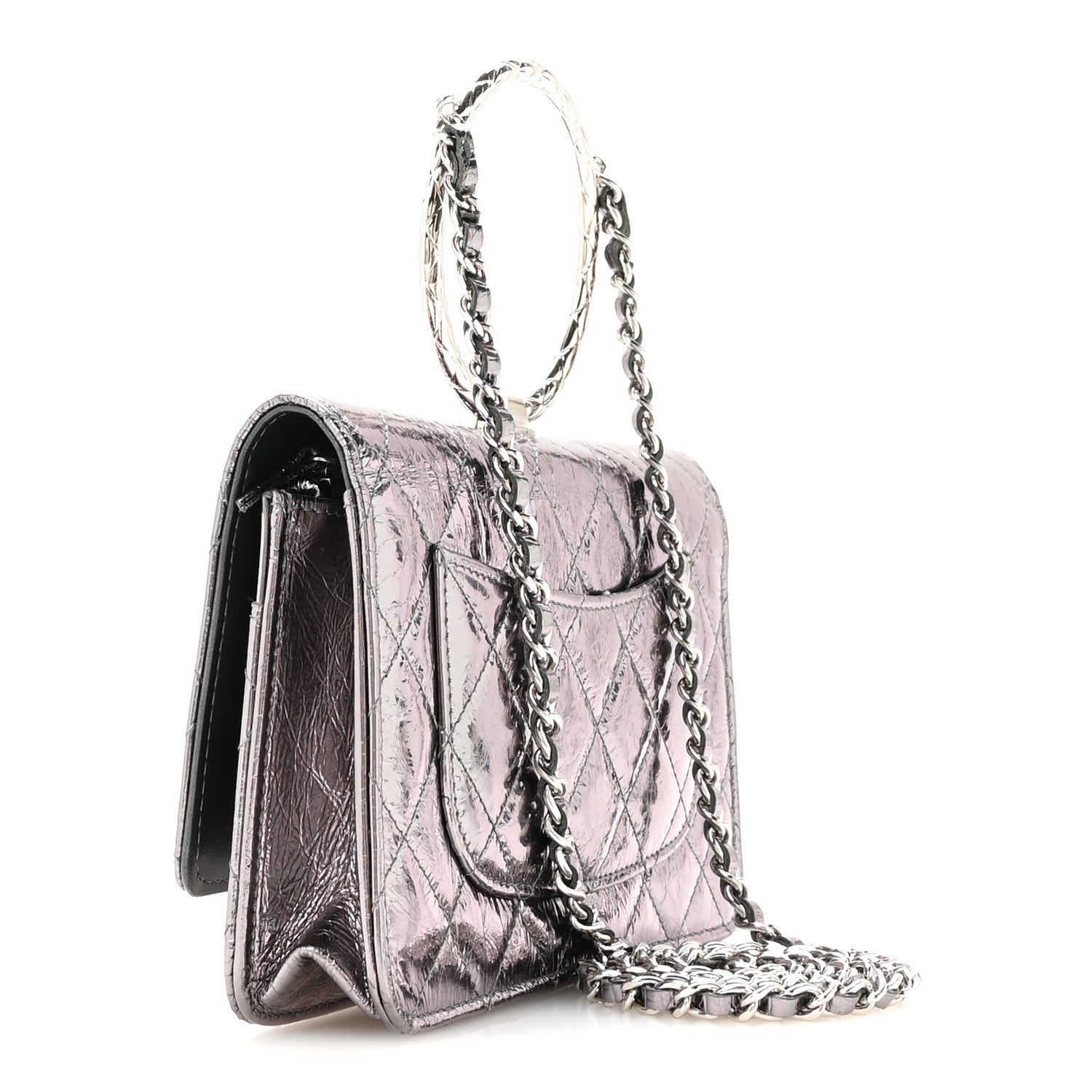 Crumpled Metallic Calfskin Quilted Ring Handle Wallet on Chain Silver — view 3