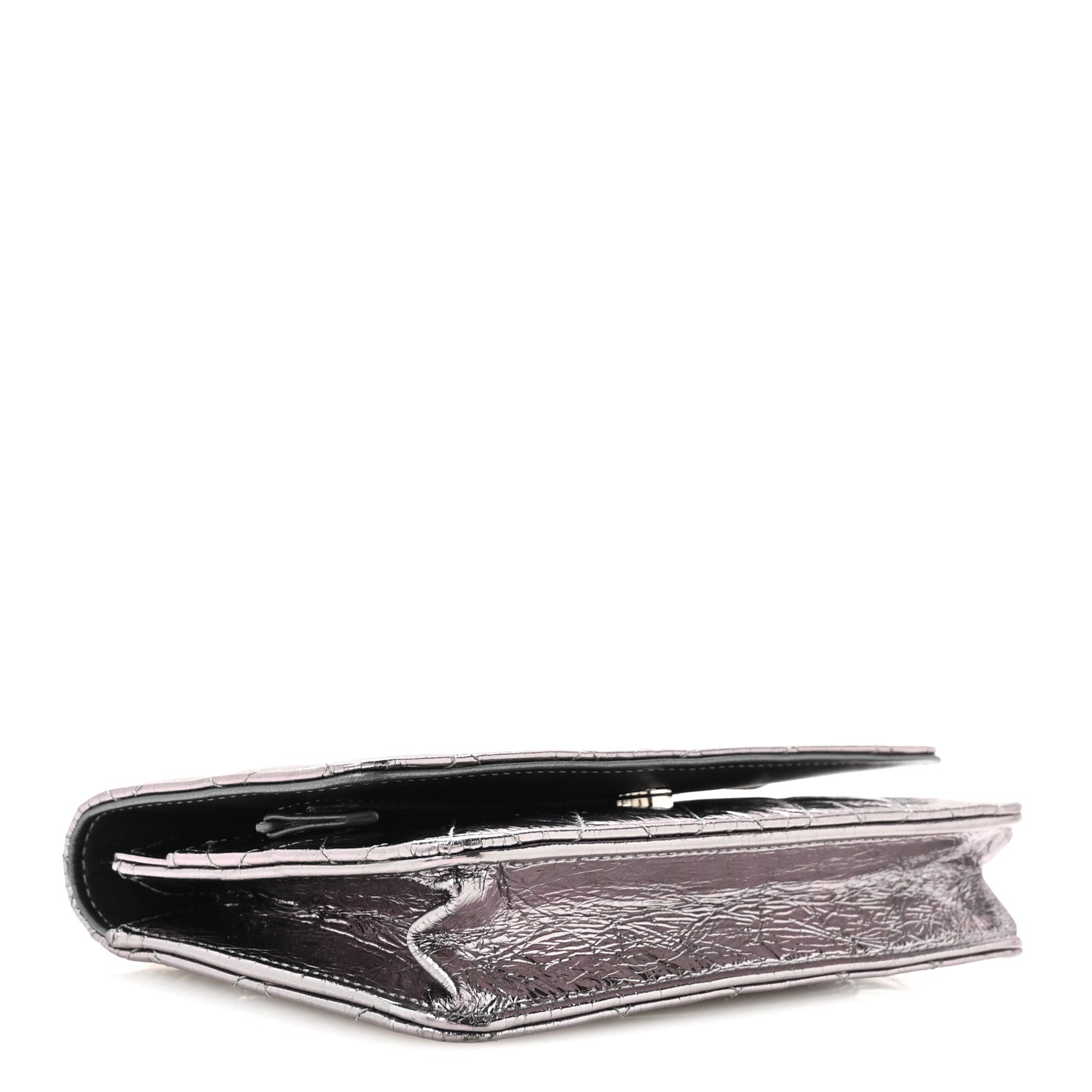 Crumpled Metallic Calfskin Quilted Ring Handle Wallet on Chain Silver — view 4