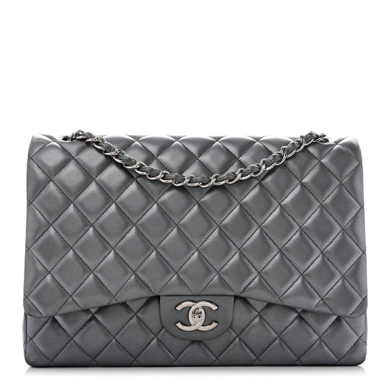 Metallic Lambskin Quilted Maxi Double Flap Pewter