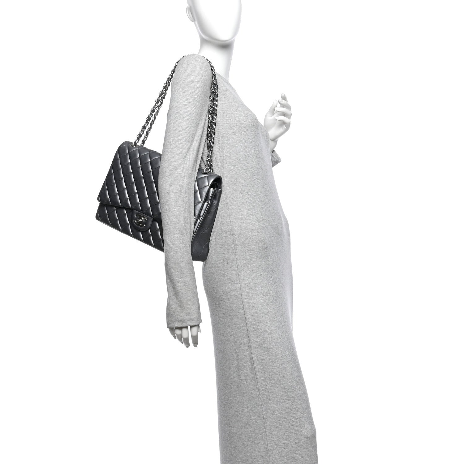 Metallic Lambskin Quilted Maxi Double Flap Pewter — view 2